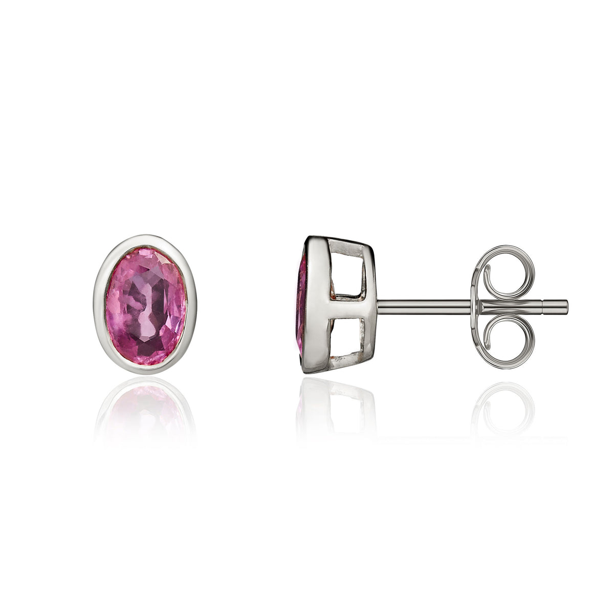 9ct White Gold 6x4 Oval Pink Sapphire Rubover Stud Earrings