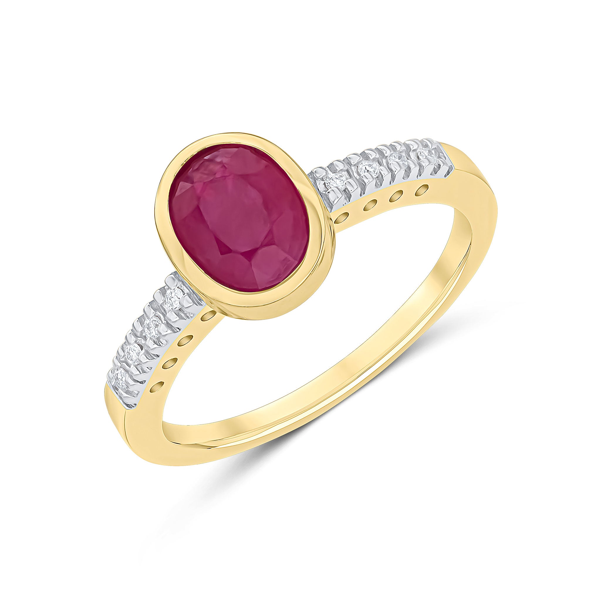 9ct Yellow Gold Rubover 8x6 Oval Ruby Single Stone Ring with Claw Set Diamond Shoulders Rhodium to Diamonds