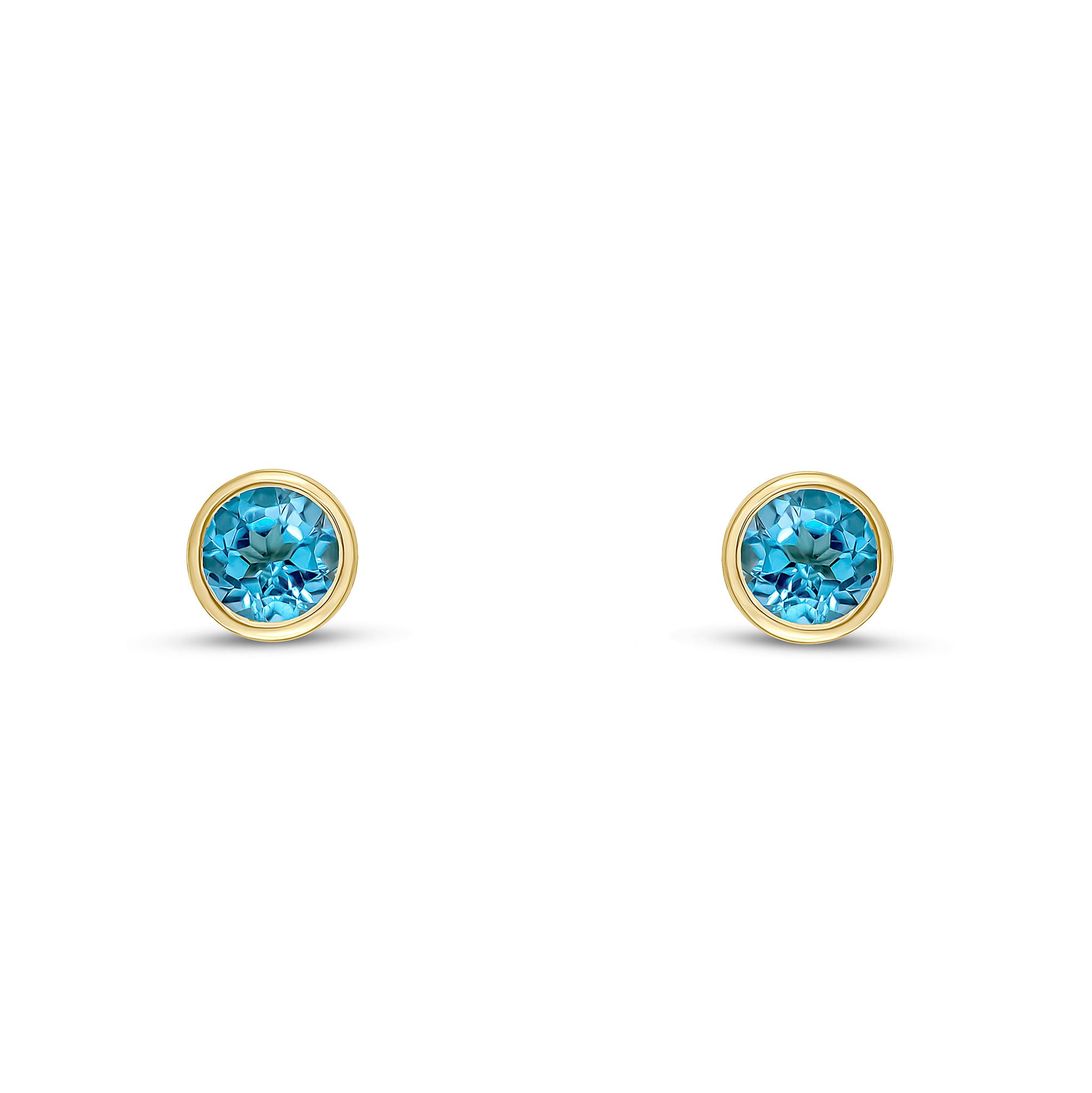 9ct Yellow Gold 4mm Round Swiss Blue Topaz Rubover Stud Earrings