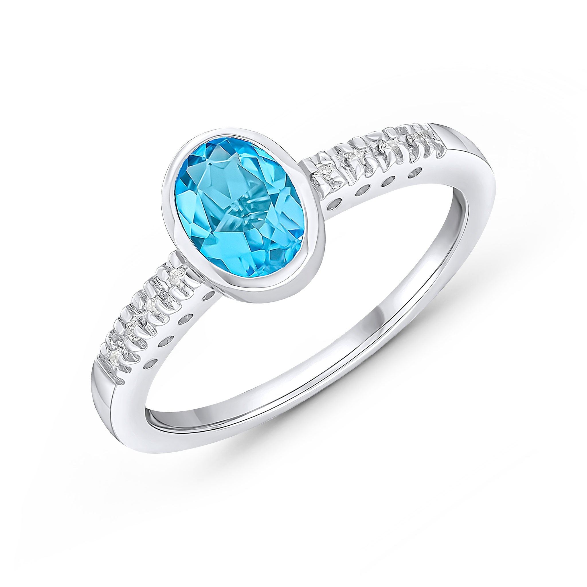 9ct White Gold Rubover 7x5 Oval Swiss Blue Topaz Single Stone Ring with Claw Set Diamond Shoulders