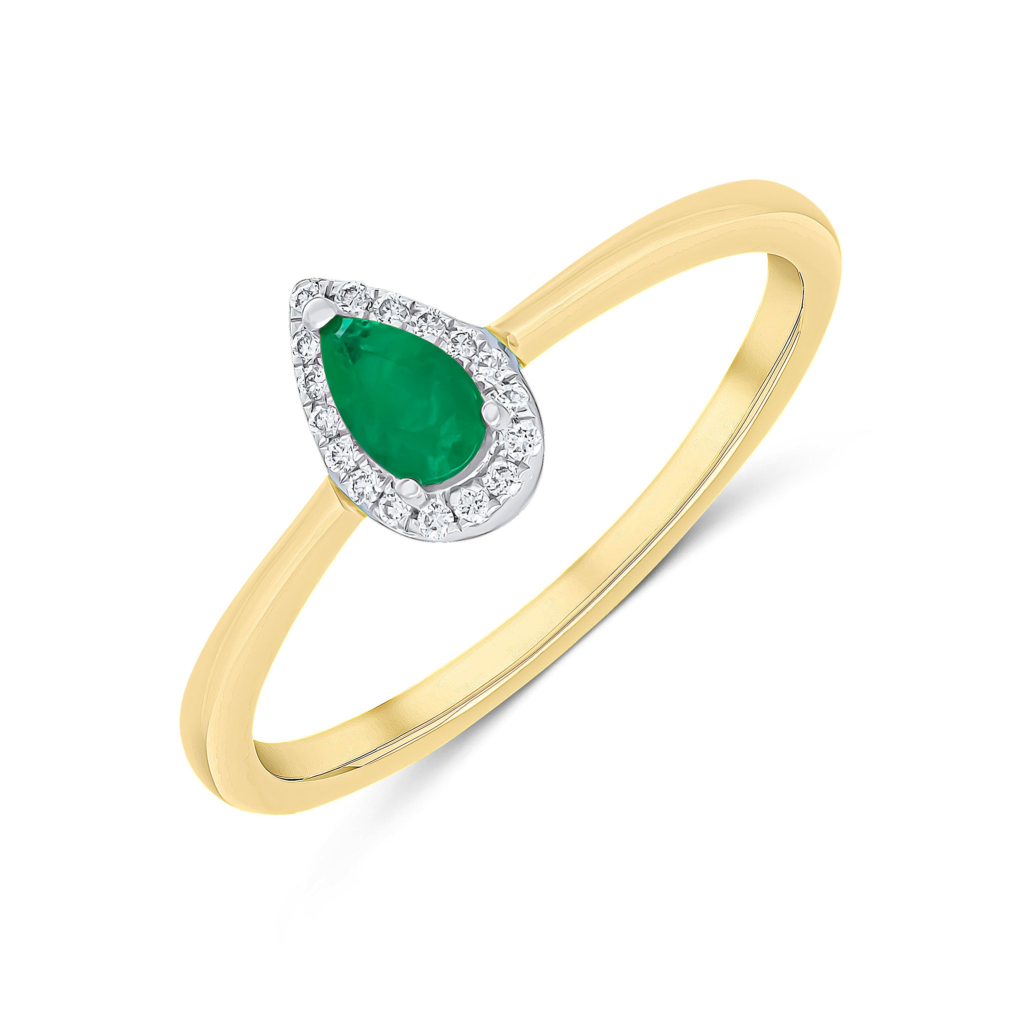 9ct Yellow Gold 5x3 Pear Shape Emerald and Round Diamond Claw Cluster Ring Rhodium to Diamonds