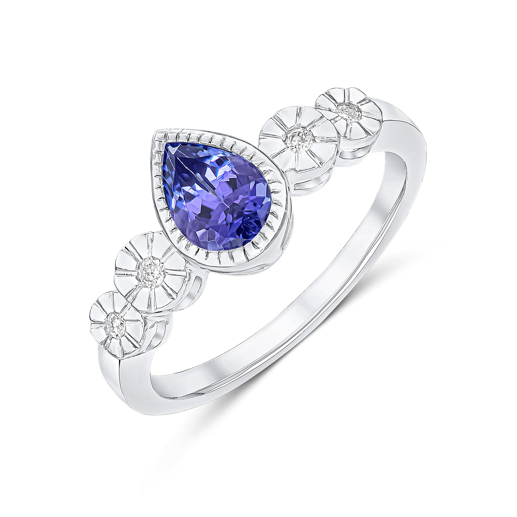 9ct White Gold Milgrain Pear Shape Tanzanite and Illusion Diamond 4 Stone Shoulders Ring