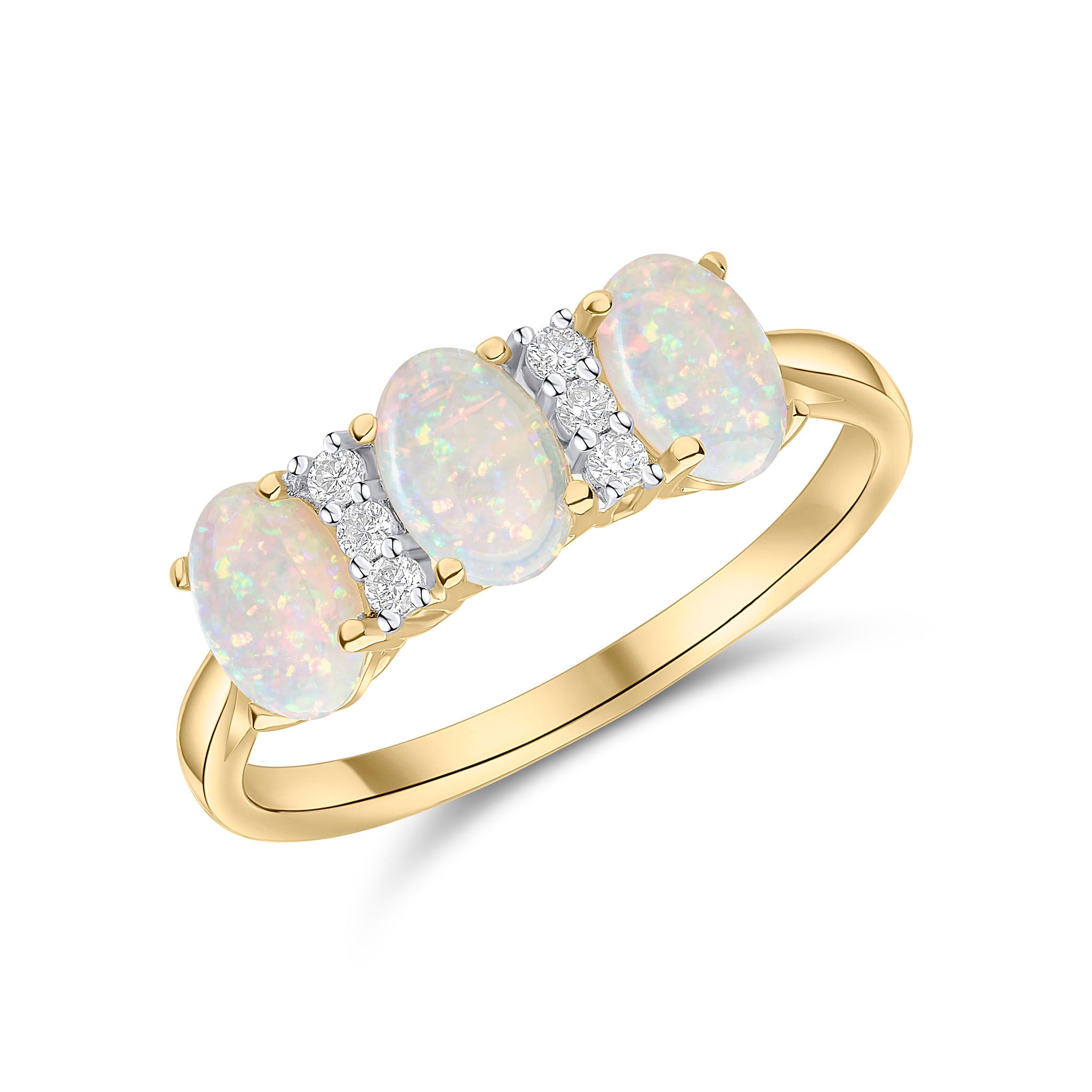 18ct Yellow Gold Oval Opal & Round Diamond 9 Stone Ring Rhodium to Diamonds