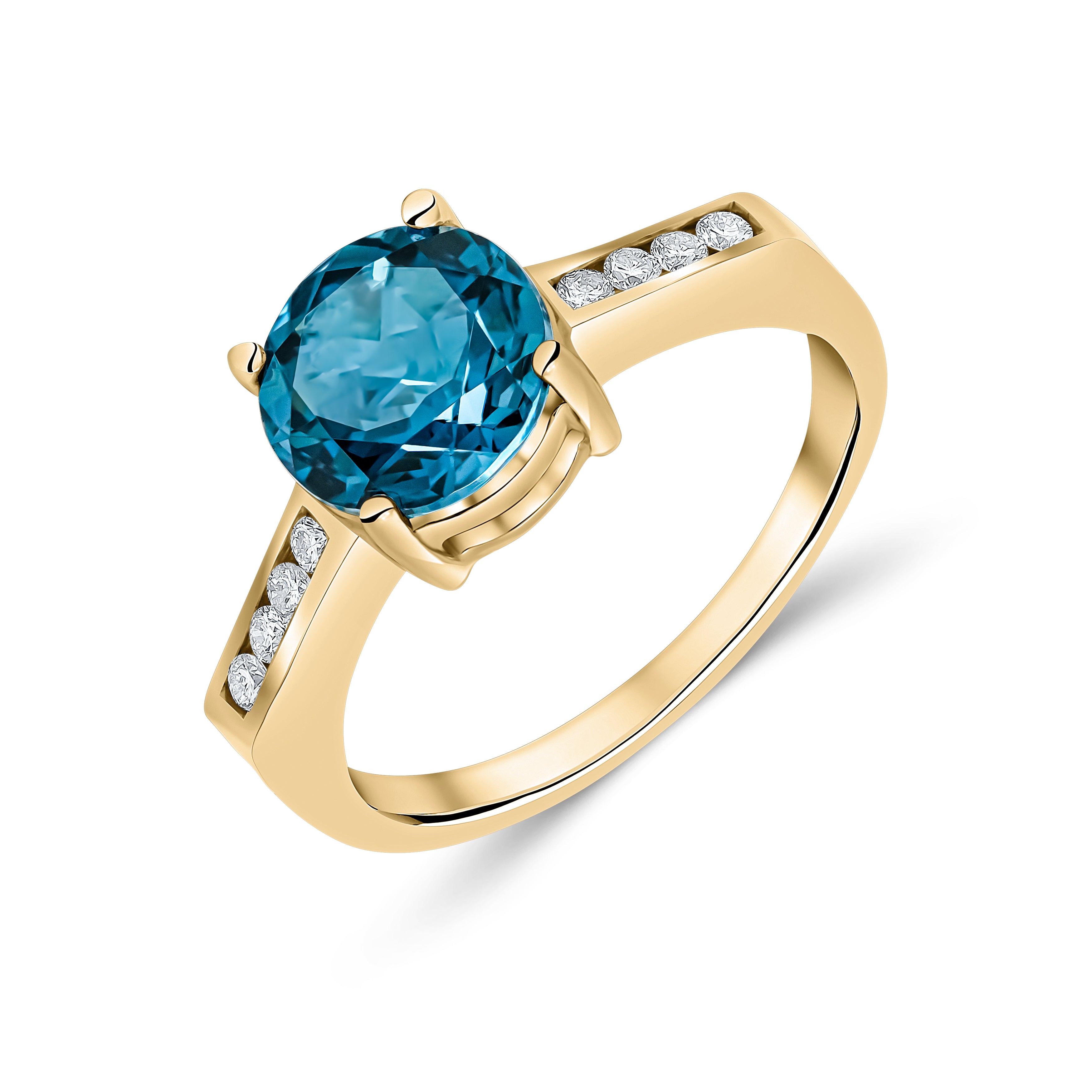 9CT YG CLAW SET 8MM ROUND LONDON BLUE TOPAZ SINGLE STONE RING WITH CHANNEL SET DIAMOND SHOULDERS 1