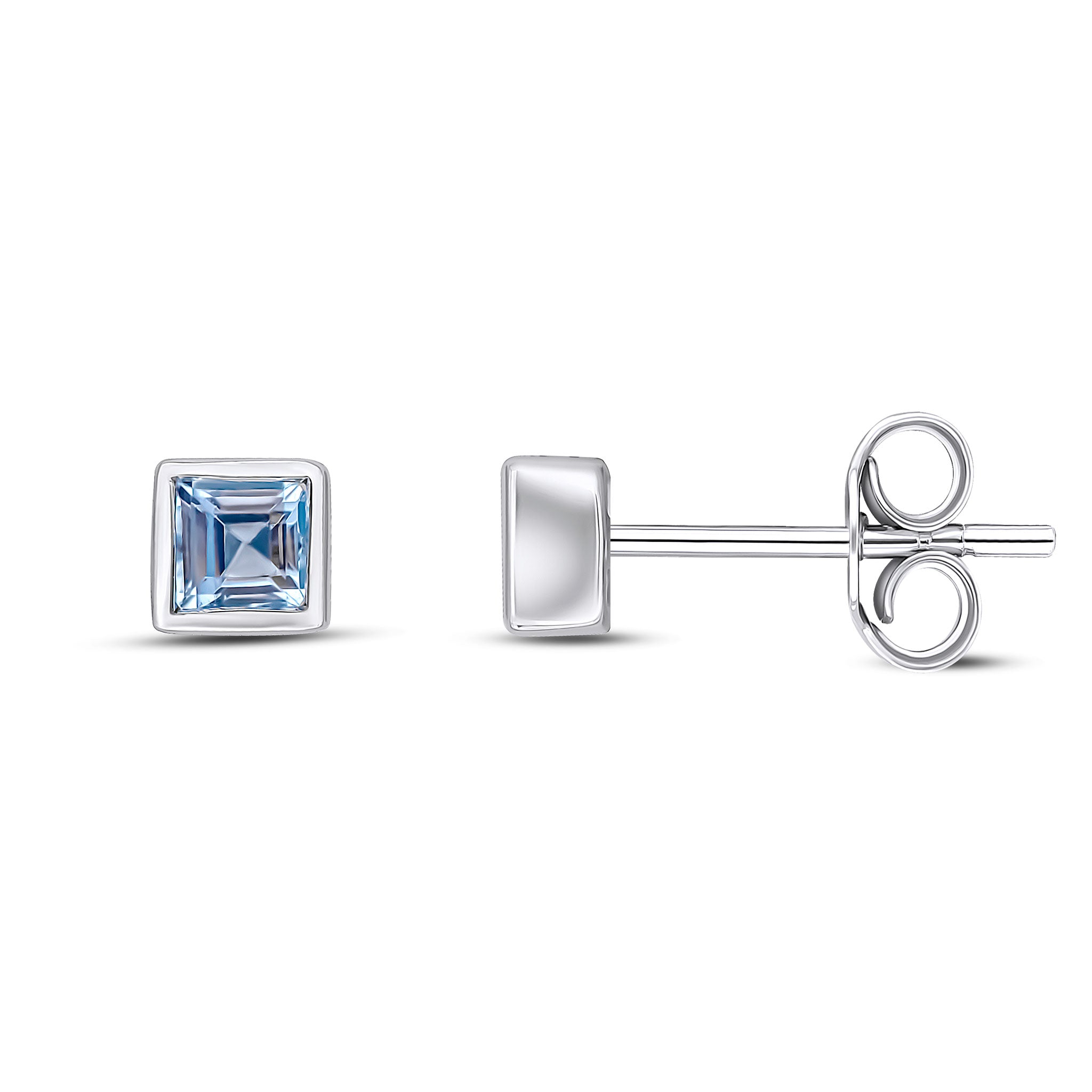 9ct White Gold Square Aquamarine Rubover Stud Earrings
