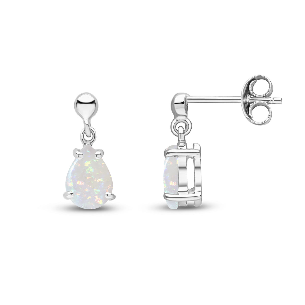 9ct White Gold 7x5 Pear Shape Opal Claw Set Drop Earrings with Bead Top