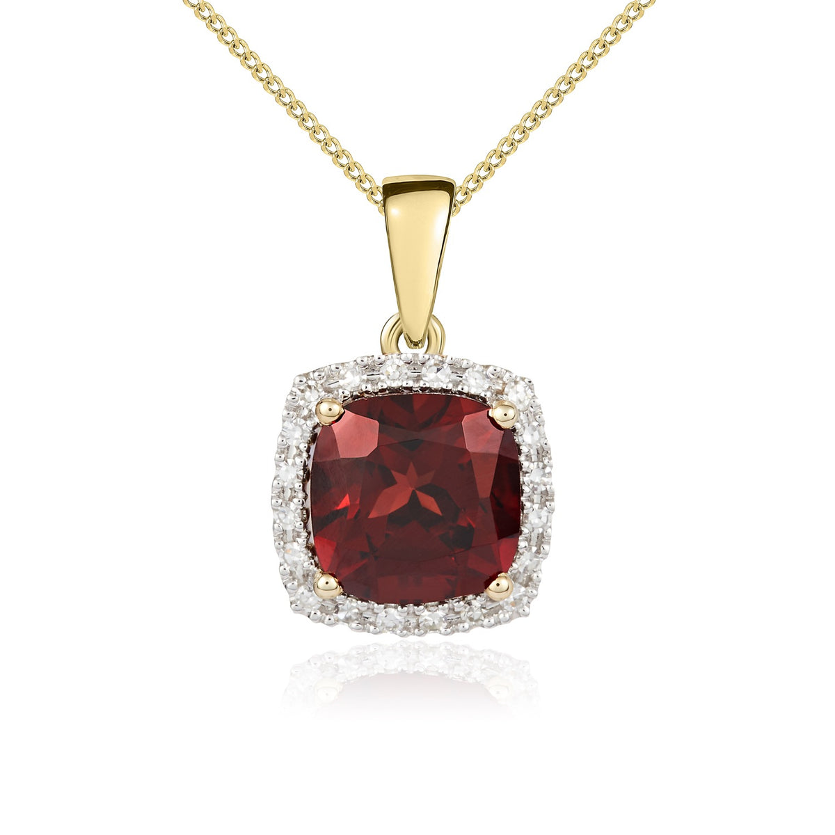 9ct Yellow Gold Cushion Garnet & Diamond Cluster Pendant