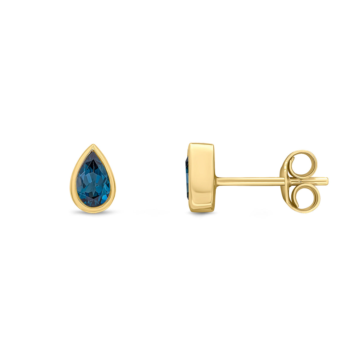 9ct Yellow Gold 5x3 Pear Shape London Blue Topaz Rubover Set Earrings