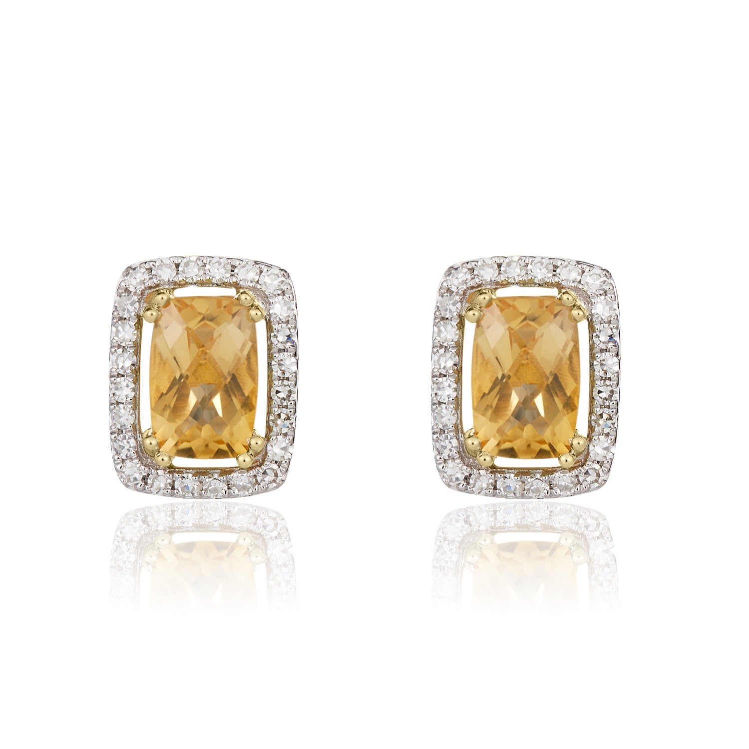 9ct Yellow Gold Octagonal Cushion Citrine & Diamond Cluster Earrings