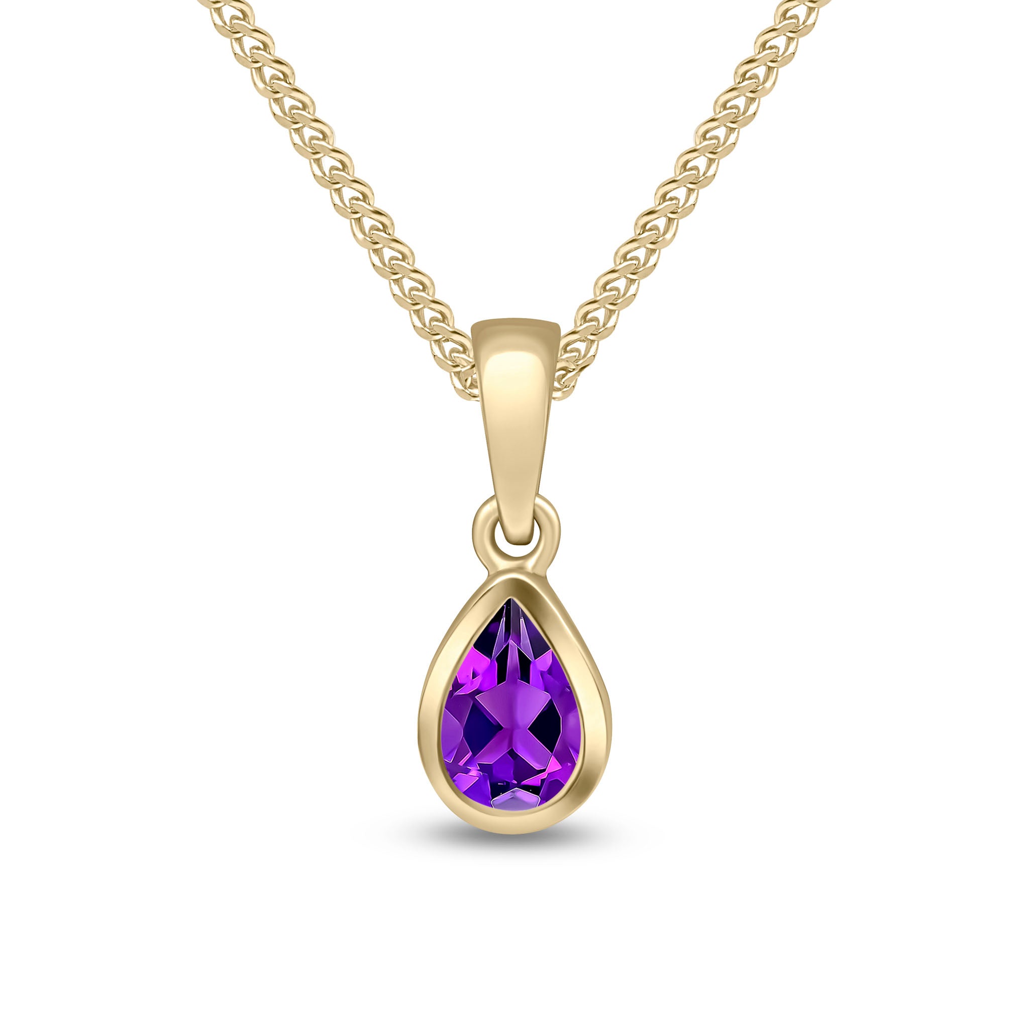 9ct Yellow Gold 6x4 Pear Shape Amethyst Rubover Single Stone Pendant