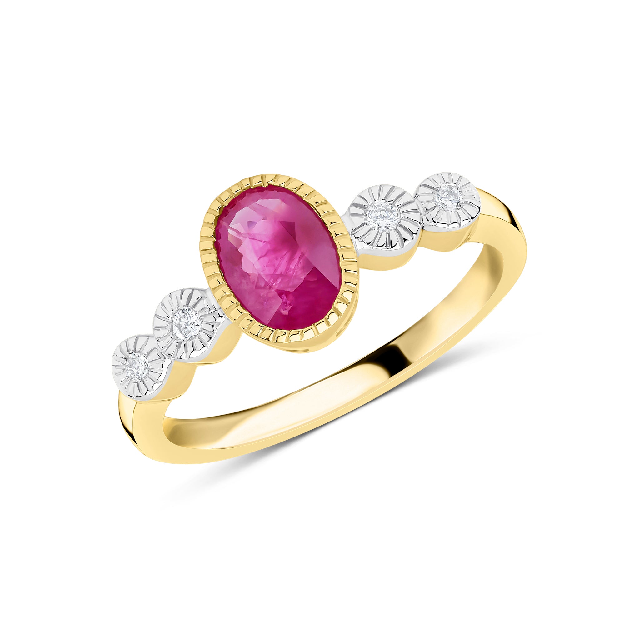 9ct Yellow Gold 7x5 Oval Ruby & Diamond 2 Stone Shoulders Milgrain Set Ring Rhodium to Diamonds