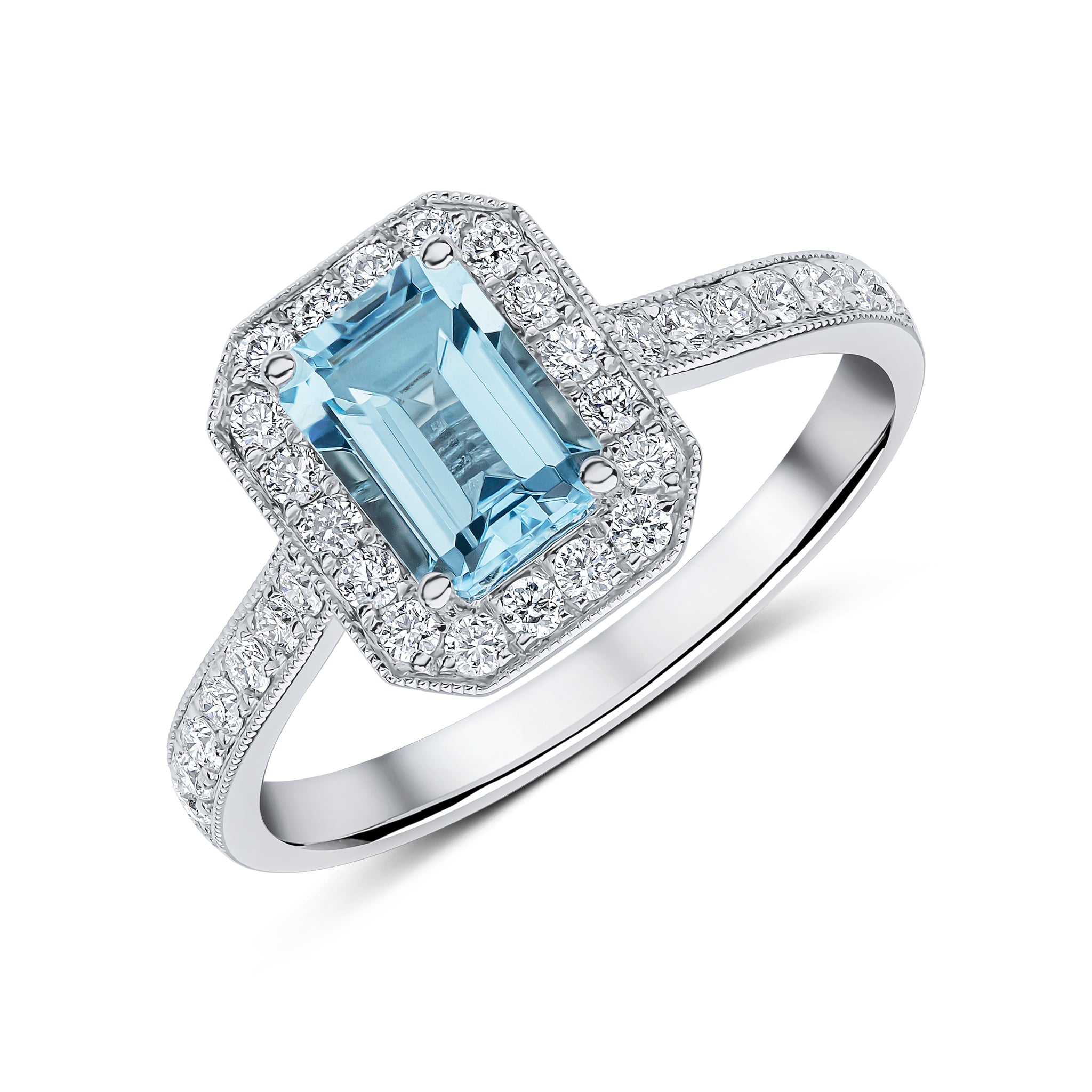 18ct White Gold 7x5 Octagon Aquamarine and Diamond Milgrain Cluster Ring with Diamond Set Shoulders