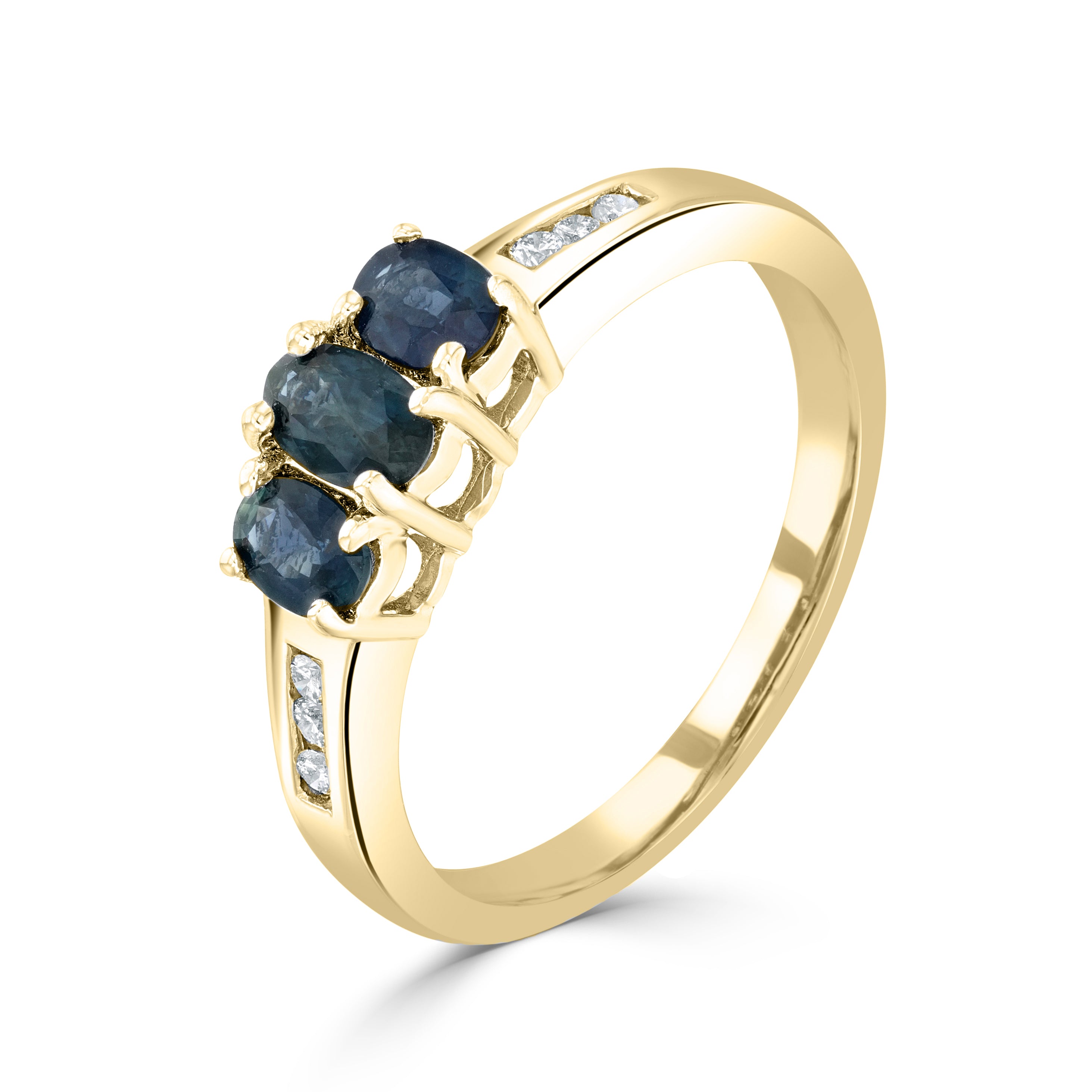 9CT YG OVAL SAPPHIRE CLAW SET 3 STONE & CHANNEL SET DIAMOND RING 1