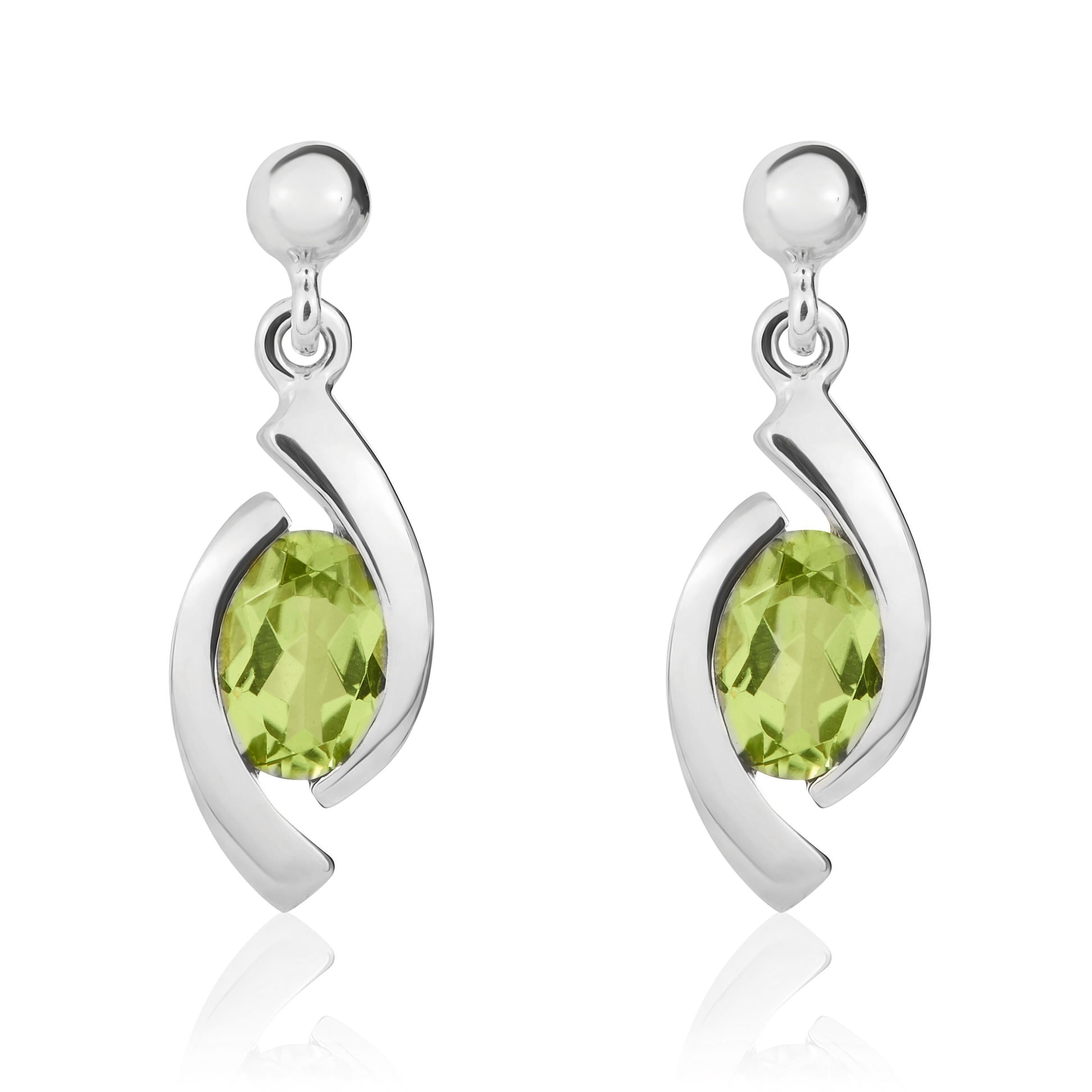 9ct White Gold Oval Peridot 'eye' Drop Earrings with 3mm Bead Top