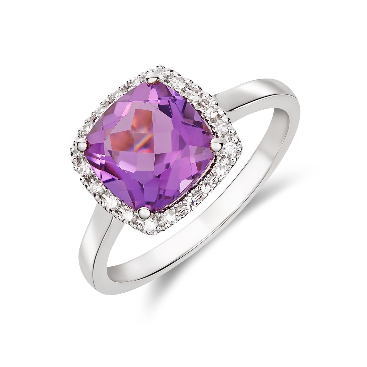 9ct White Gold 8mm Cushion Amethyst and Round Diamond Claw Set Cluster Ring