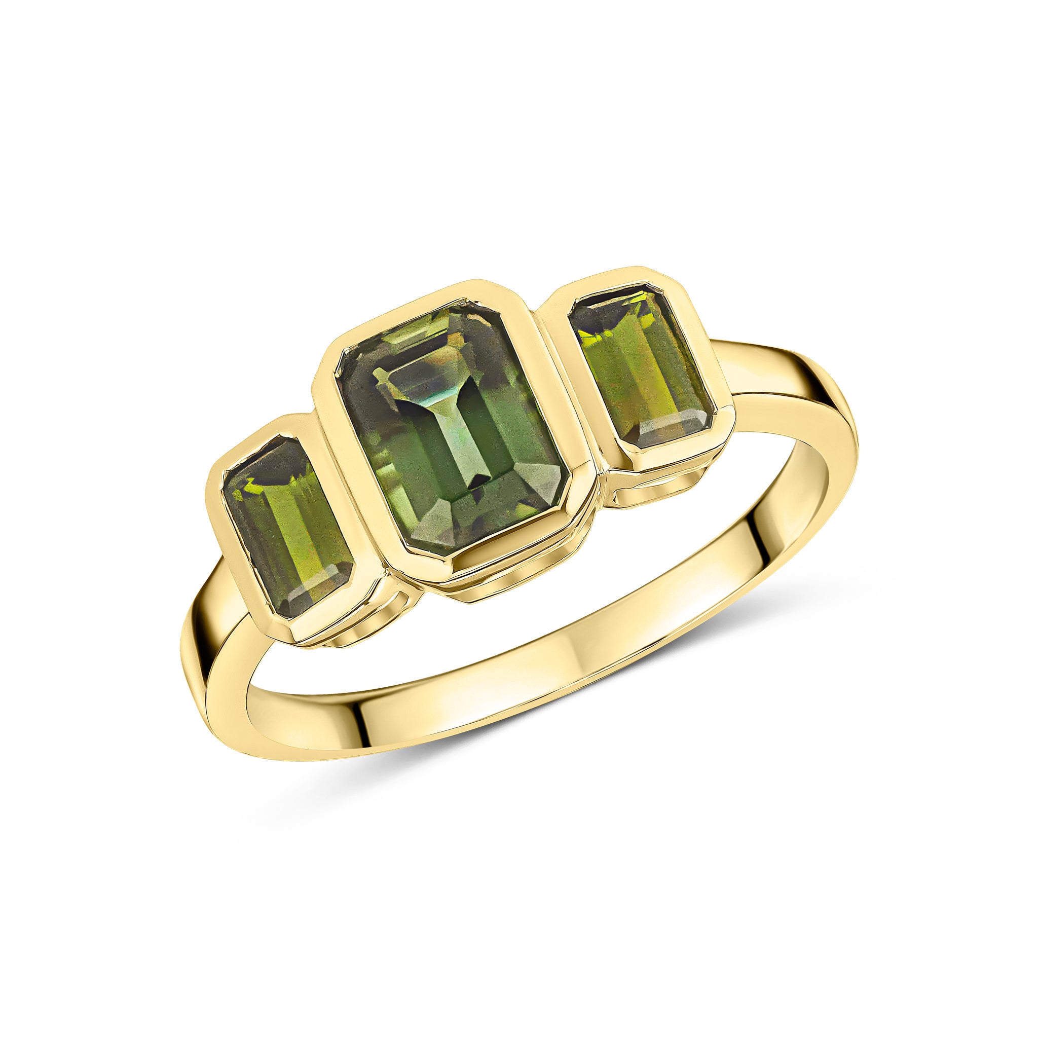 9ct Yellow Gold Octagon Green Tourmaline Rubover Set 3 Stone Ring