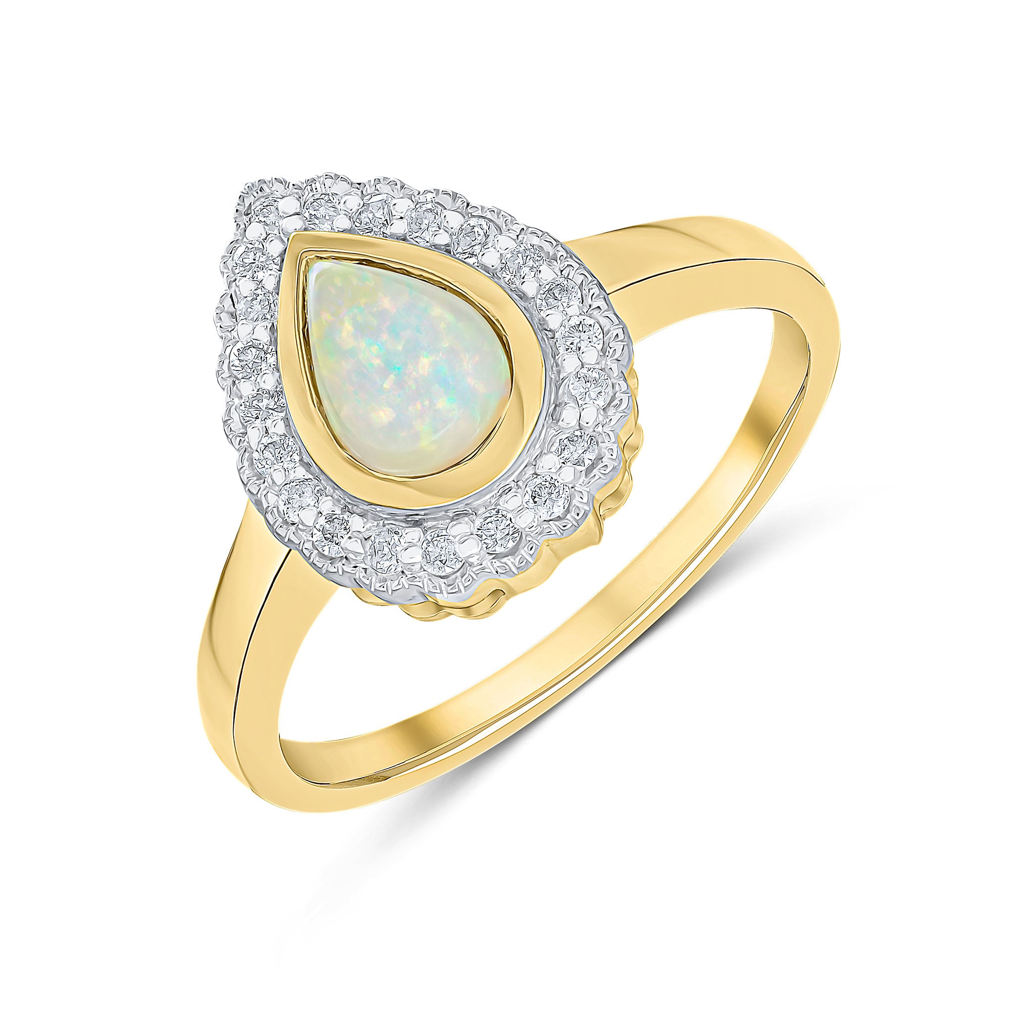 9CT YELLOW GOLD PEARSHAPE RUBOVER OPAL AND MILLEGRAIN ROUND DIAMOND CLUSTER RING. RHODIUM TO DIAMONDS 1