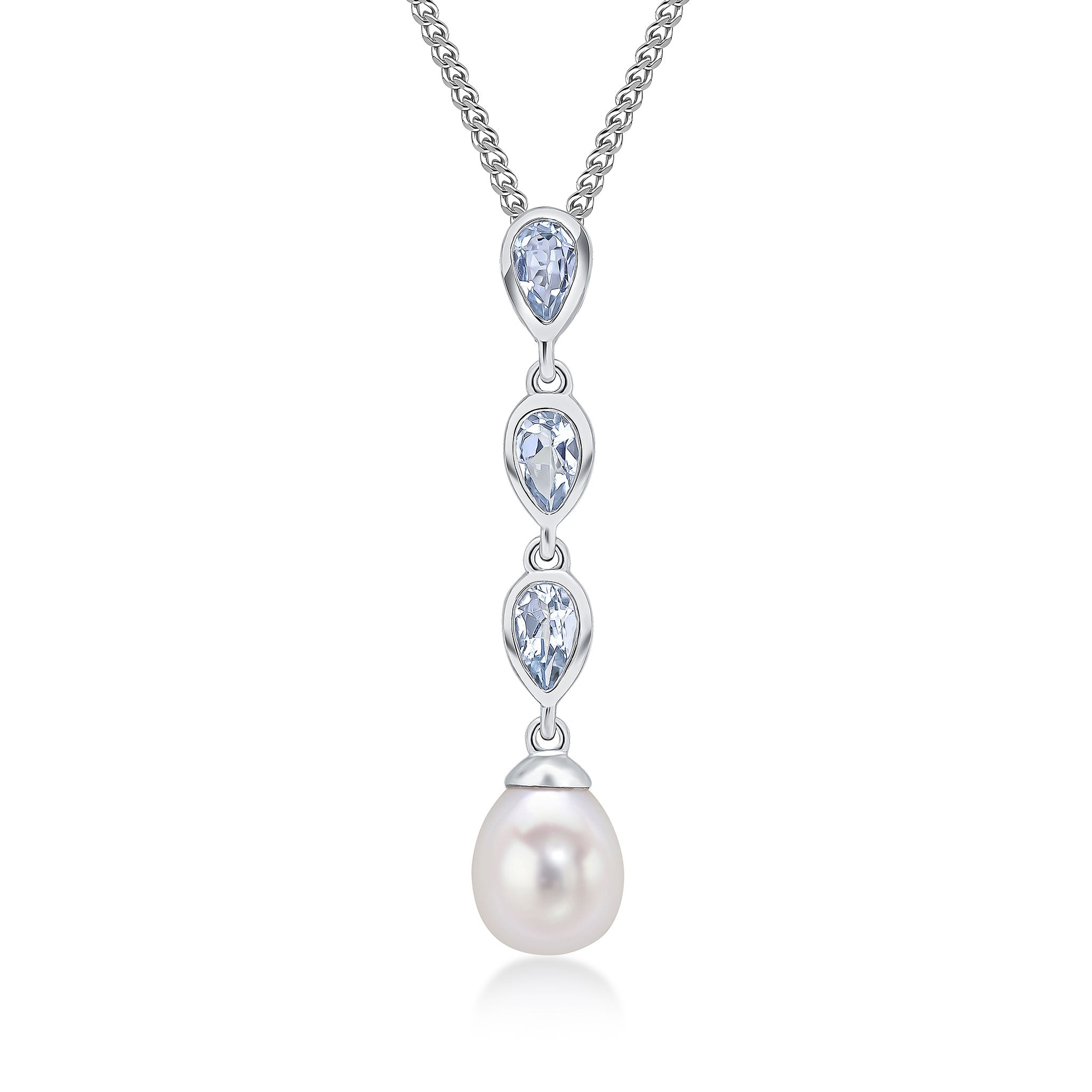 9ct White Gold Pearl & Triple Pear Shape Aquamarine Drop Pendant