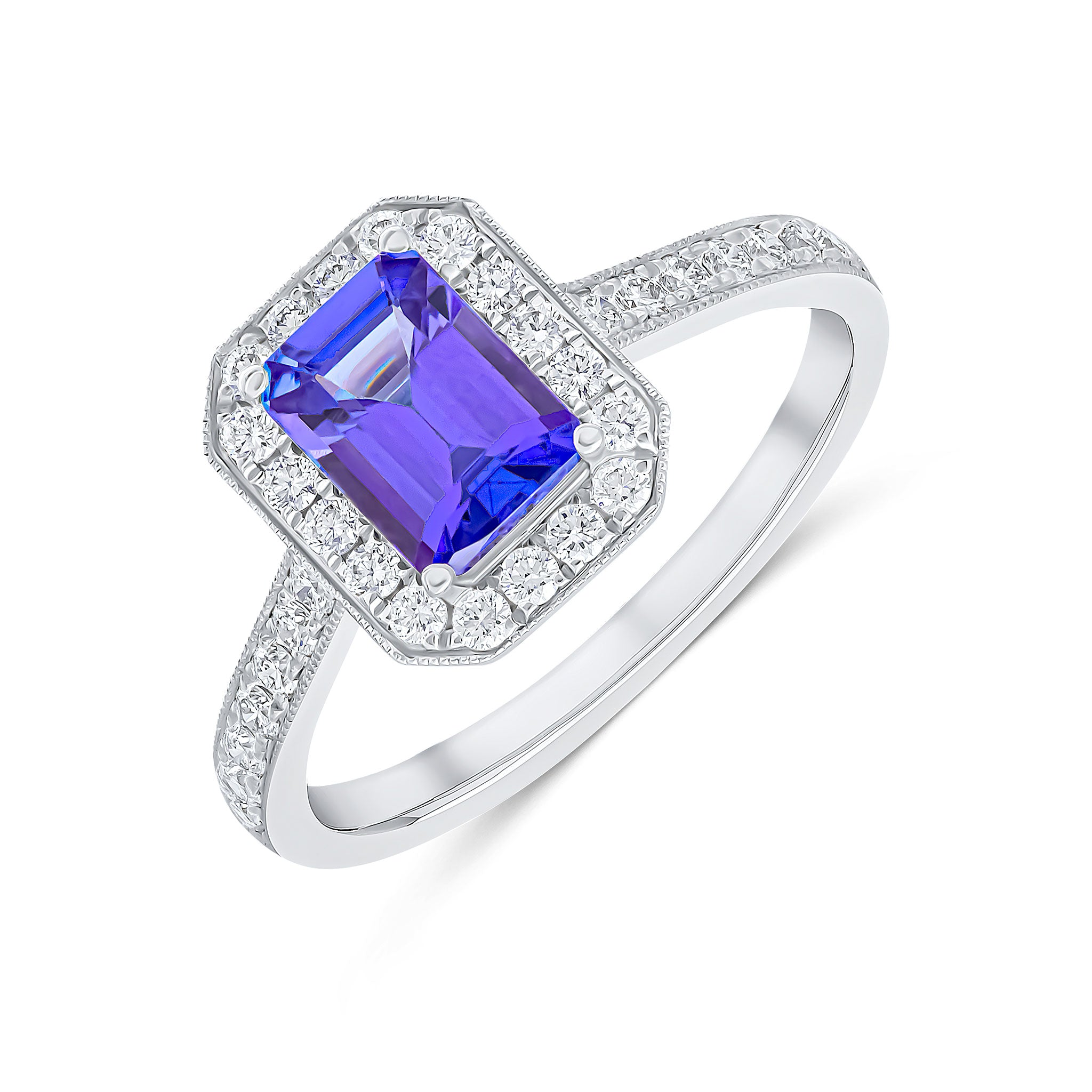 18ct White Gold 7x5 Claw Set Octagon Tanzanite and Milgrain Set Round Diamond Cluster Ring