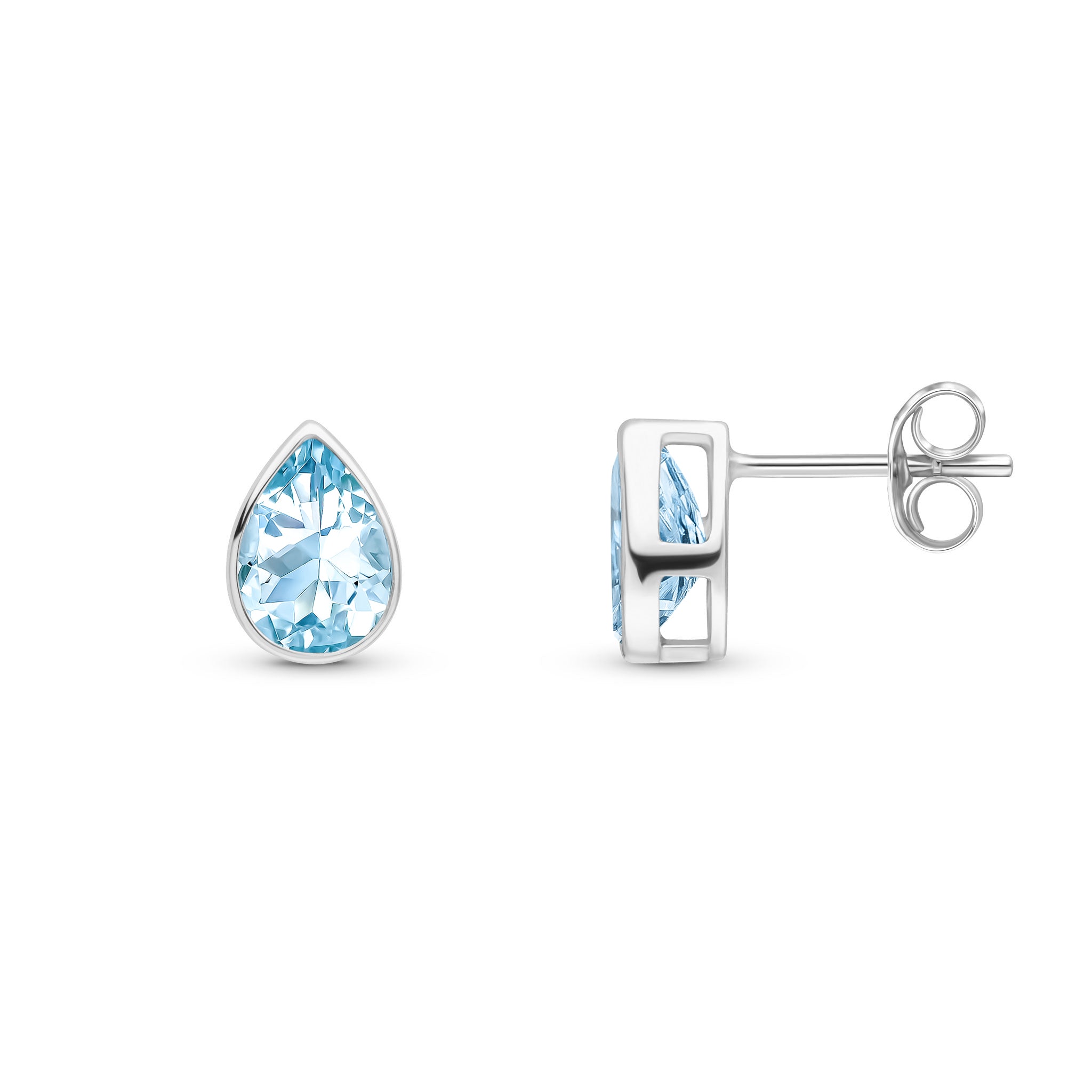 9ct White Gold 7x5 Pear Shape Aquamarine Rubover Set Earrings
