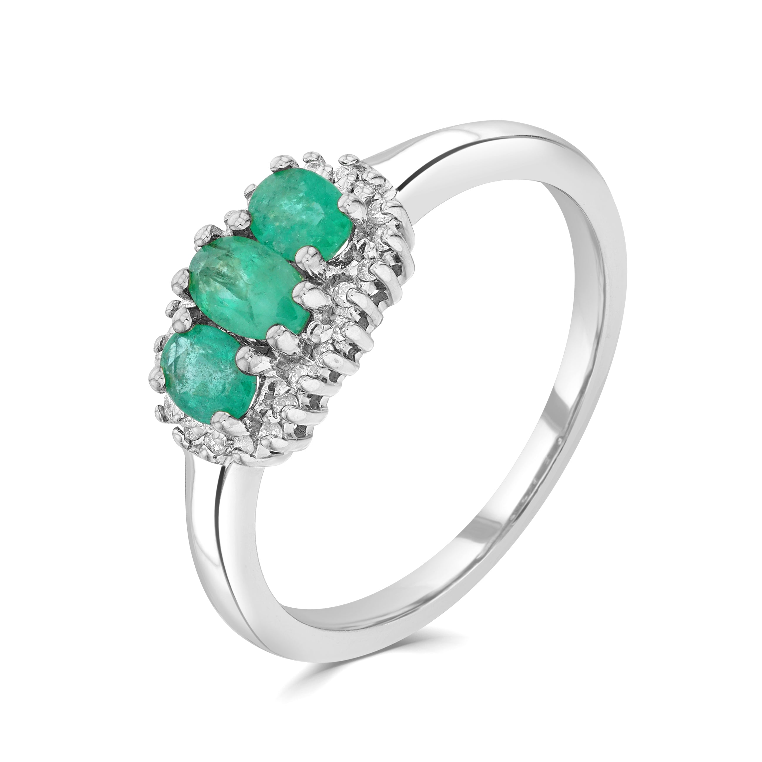 9ct White Gold Oval Emerald and Diamond Triple Cluster Ring