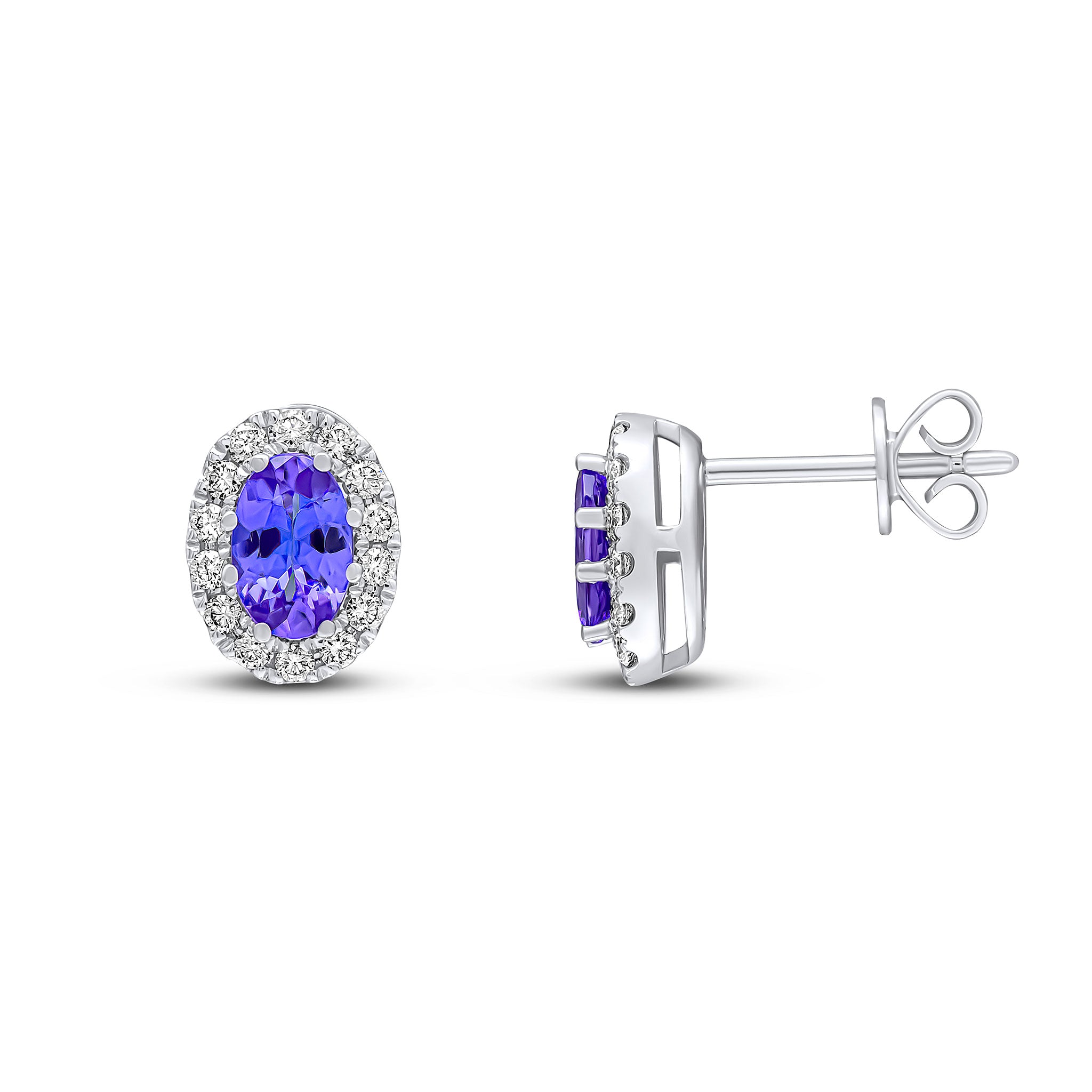 18ct White Gold Oval Tanzanite & Round Diamond Claw Set Cluster Earrings