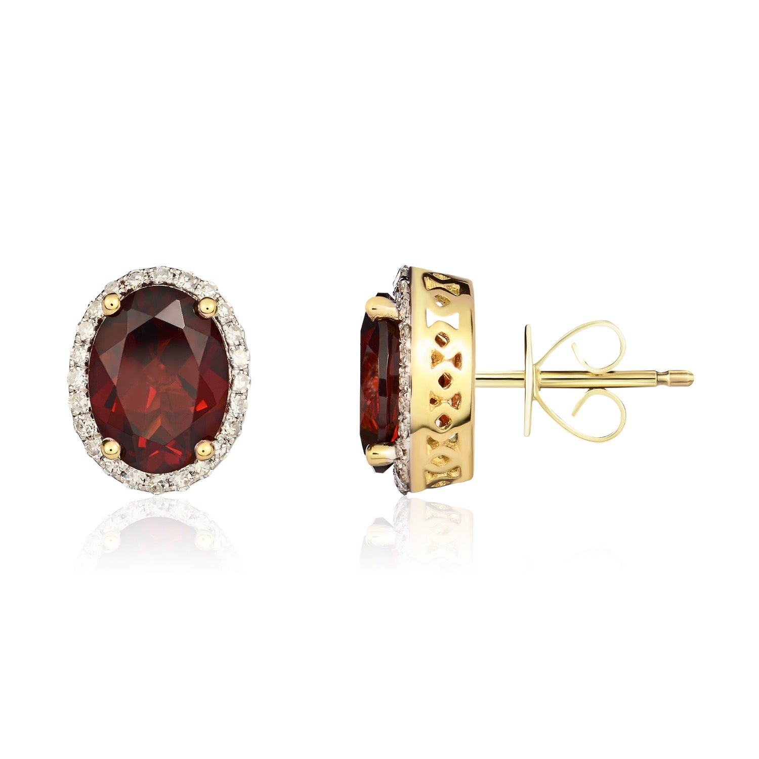 9ct Yellow Gold Oval Garnet & Diamond Cluster Earrings