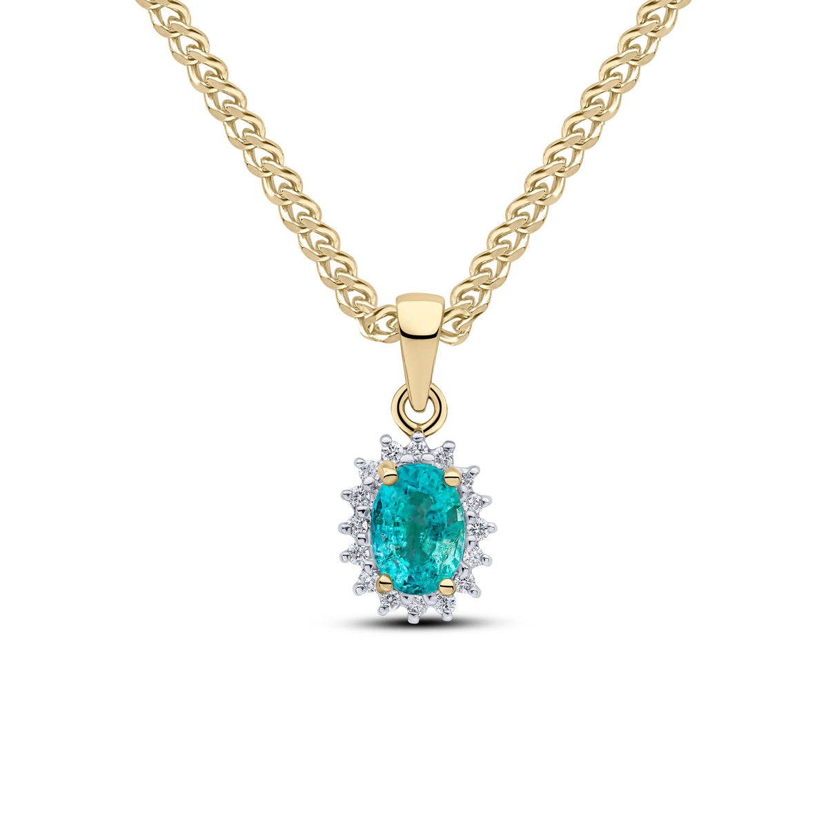 9ct Yellow Gold 7x5 Oval Emerald & Diamond Claw Set Cluster Pendant