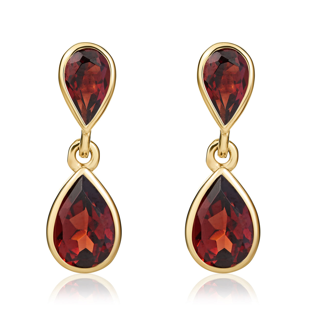9ct Yellow Gold Pear Shaped Garnet Double Drop Earrings