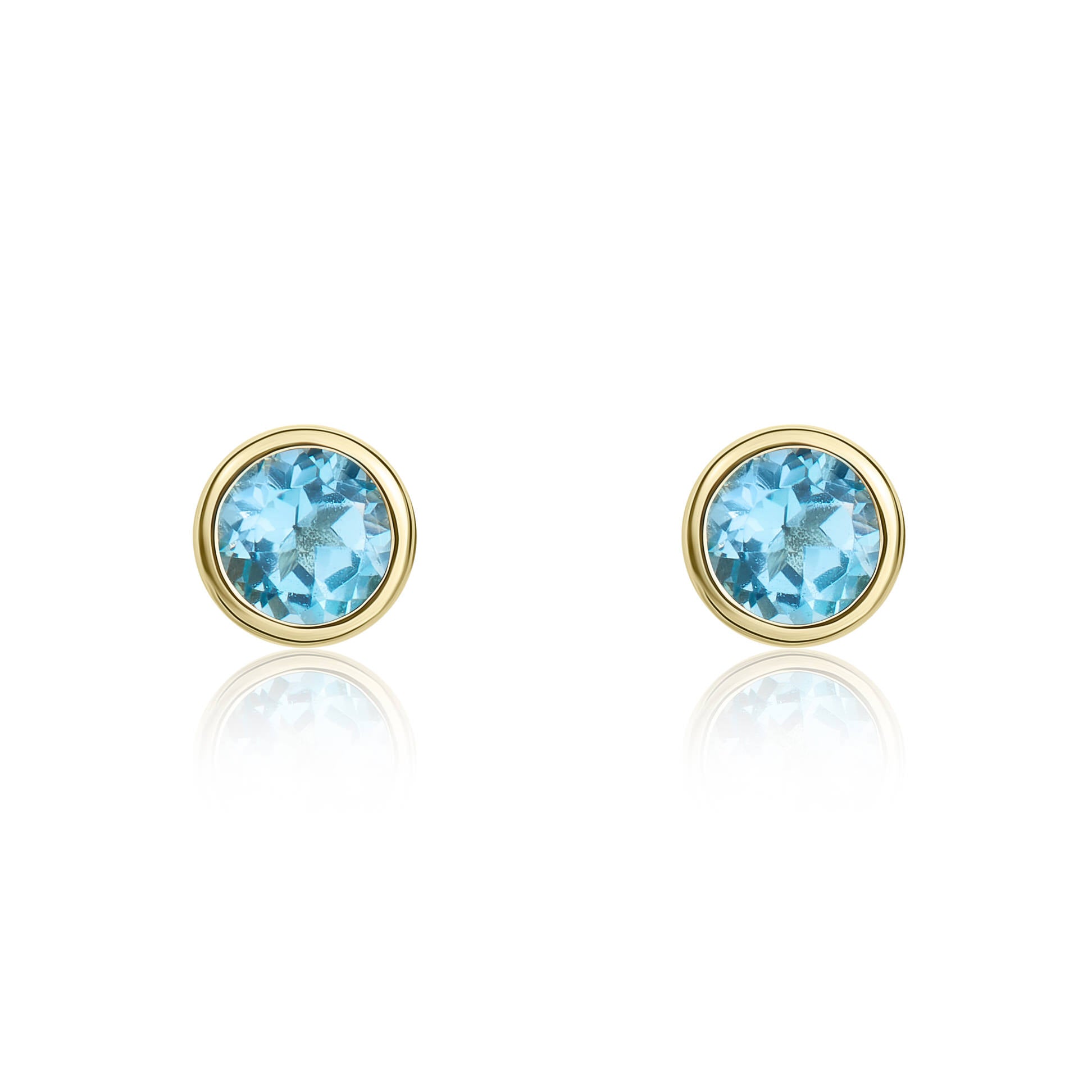 9ct yellow gold 3mm Round Swiss Blue Topaz rubover Stud Earrings