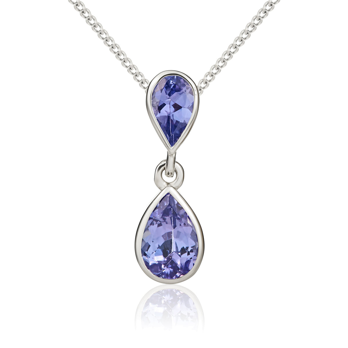9ct White Gold Pear Shaped Tanzanite Rubover Double Drop Pendant
