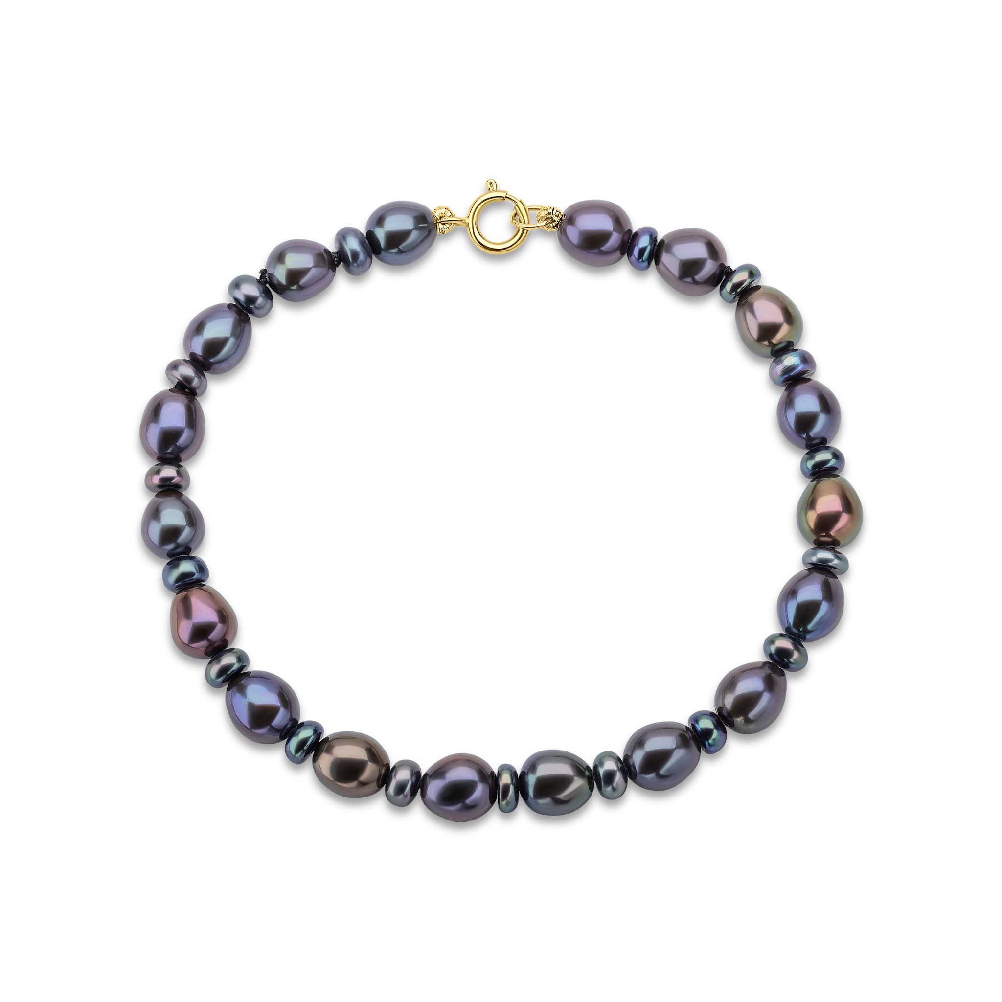 9ct Yellow Gold Genuine Black Rice Pearl Button Design Bracelet 7.5"