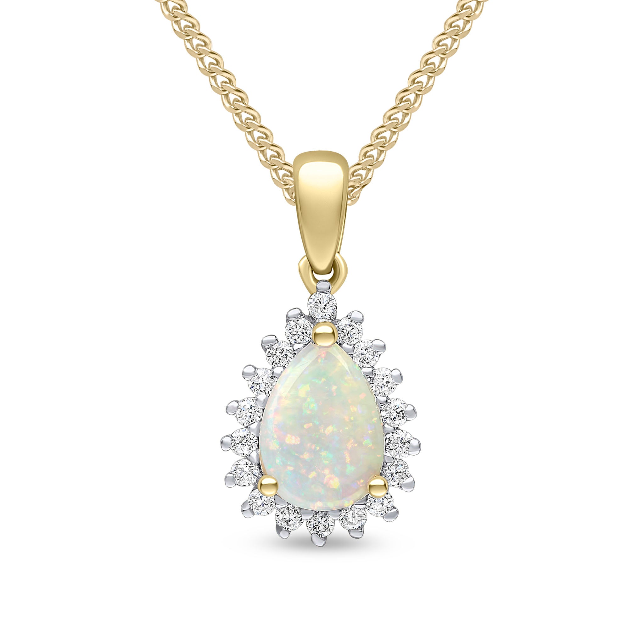 18ct Yellow Gold 7x5 Pear Shape Opal & Diamond Claw Cluster Pendant Rhodium to Diamonds