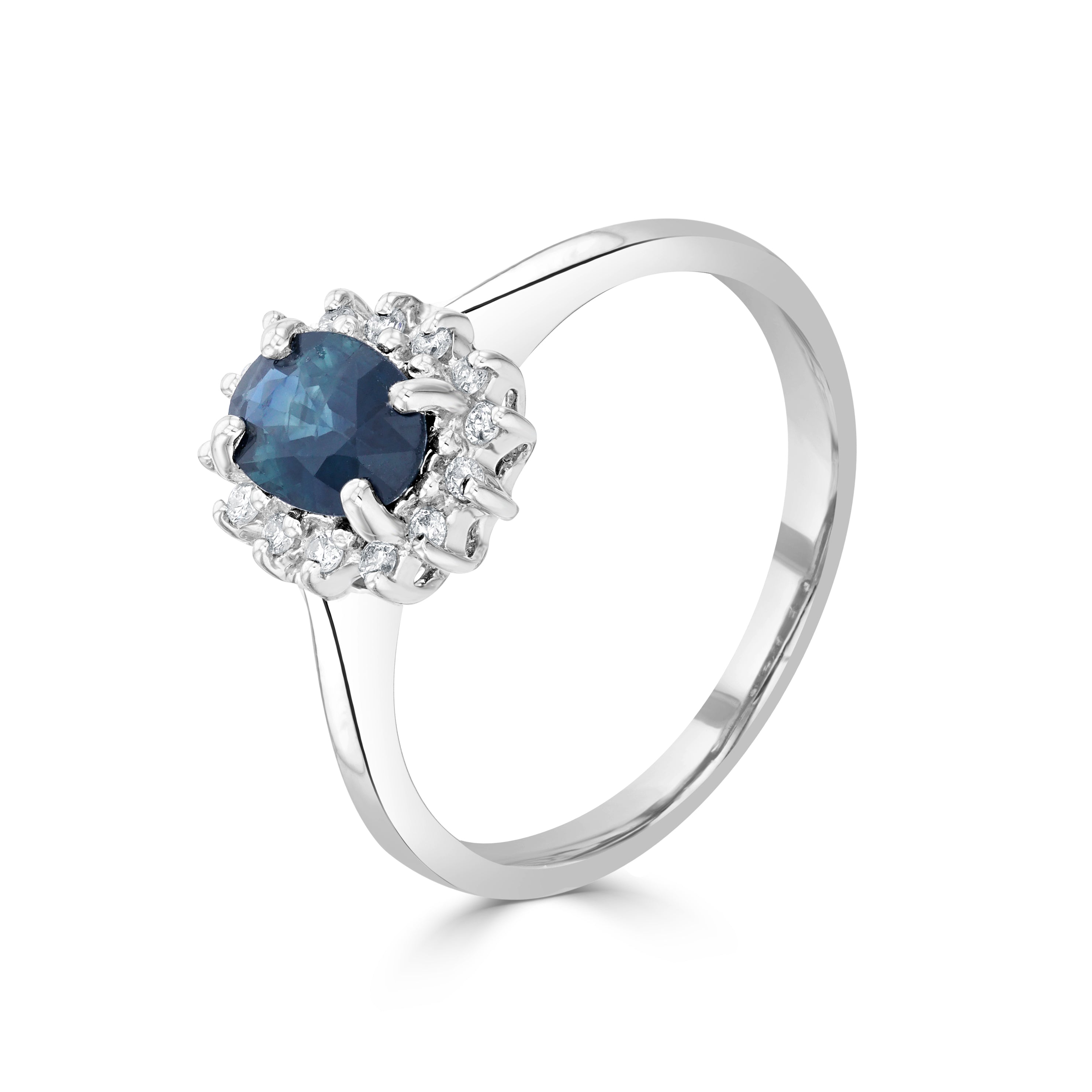 9ct White Gold 7x5 Oval Sapphire & Diamond Claw Set Cluster Ring