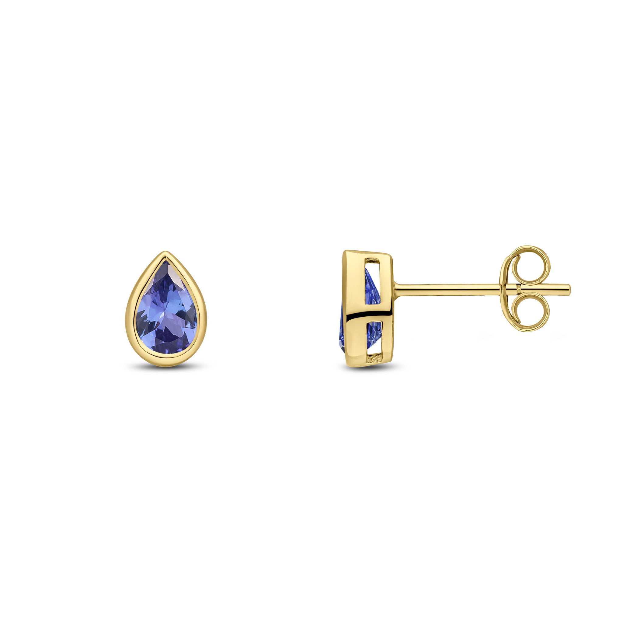 9ct Yellow Gold 6x4 Pear Shape Tanzanite Rubover Set Earrings