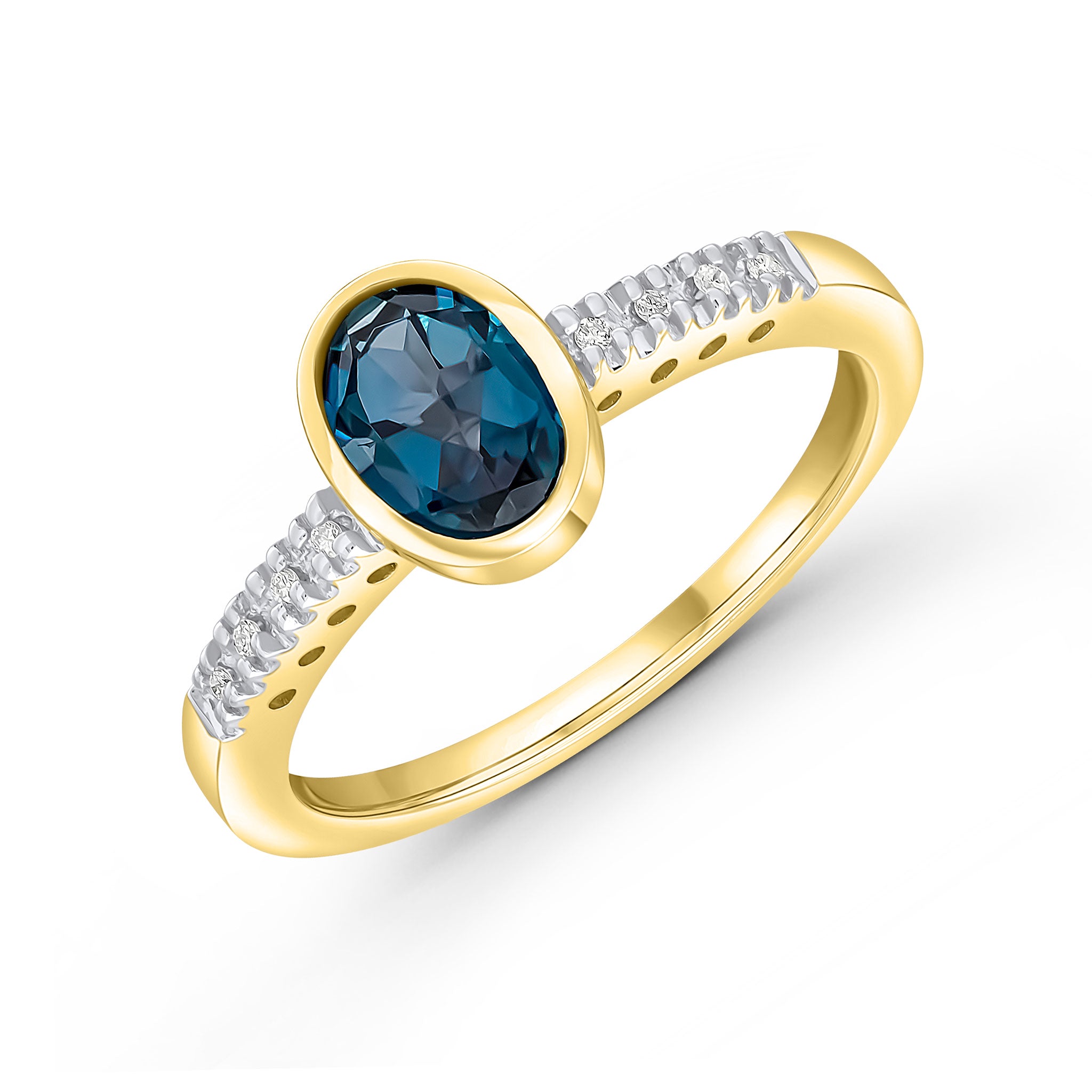 9CT YG RUBOVER 7X5 OVAL LONDON BLUE TOPAZ SINGLE STONE RING WITH CLAW SET DIAMOND SHOULDERS. RHODIUM TO DIAMONDS 1