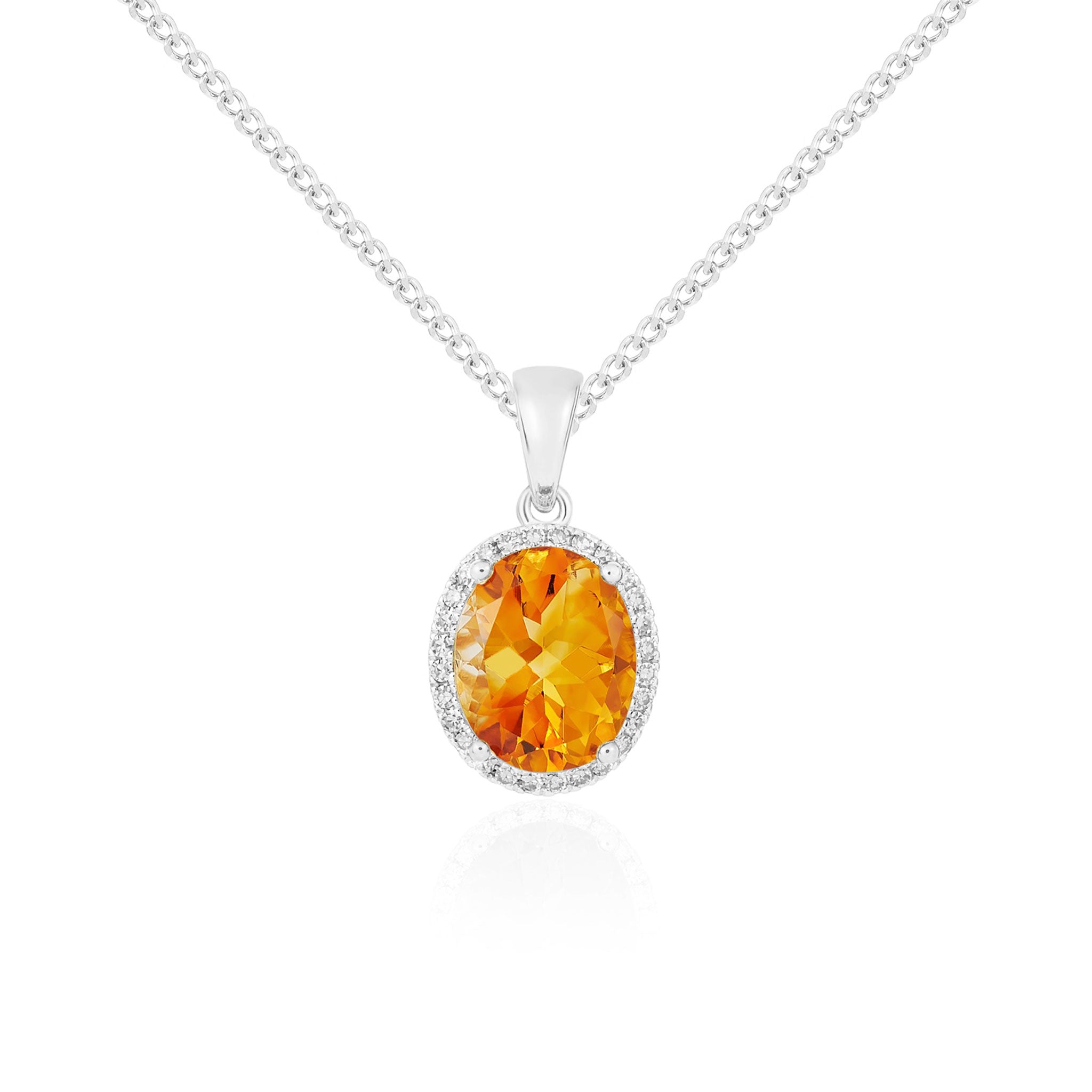 9ct White Gold 10x8 Oval Citrine and Diamond Claw Set Cluster Pendant