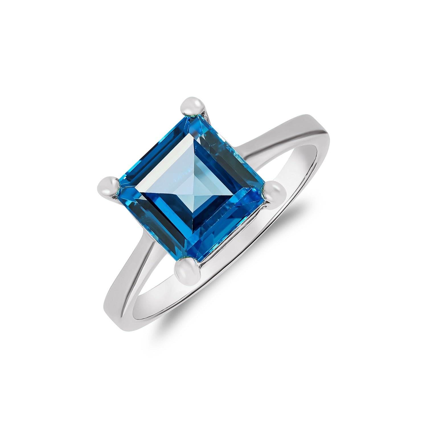 9ct White Gold 8mm Square Swiss Blue Topaz Claw Set Single Stone Ring