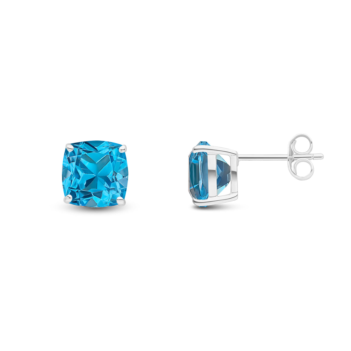 9ct White Gold 8mm Cushion Swiss Blue Topaz Claw Set Earrings