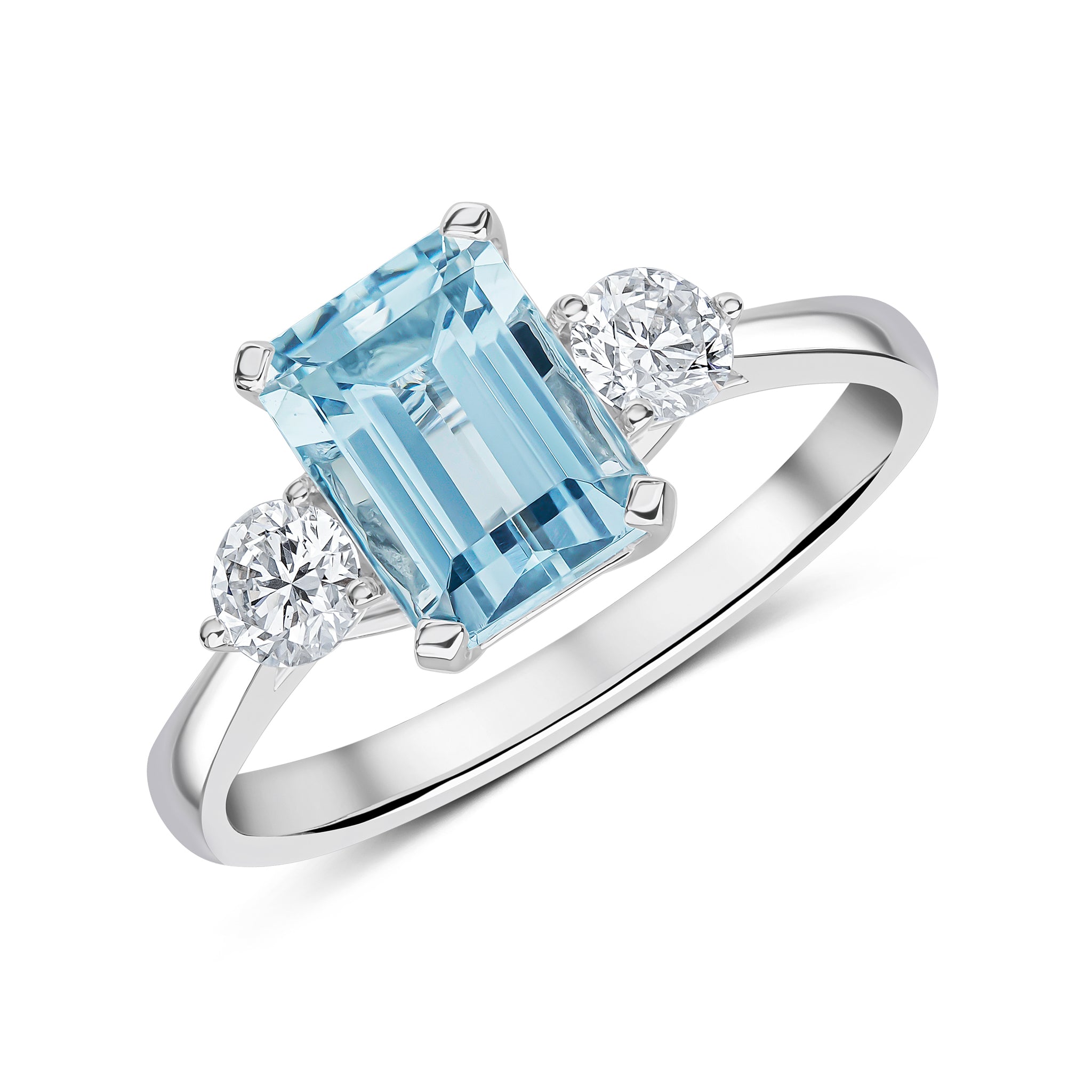 18ct White Gold 8x6 Octagon Aquamarine and Round Diamond Claw Set 3 Stone Ring