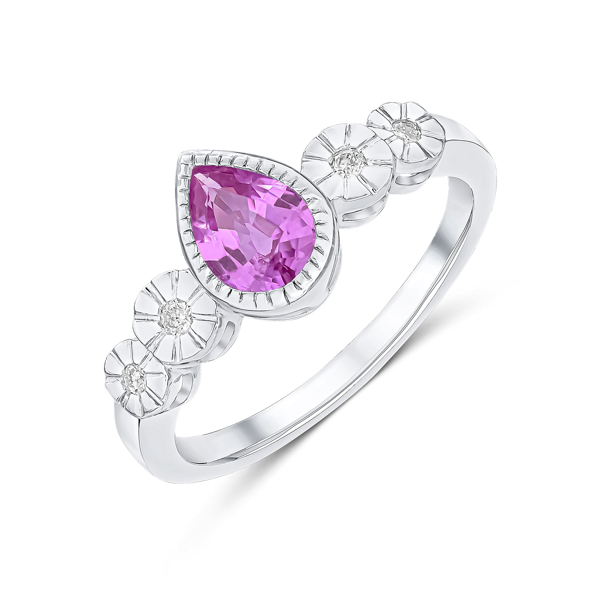 9ct White Gold Milgrain Pear Shape Pink Sapphire and Illusion Diamond 4 Stone Shoulders Ring
