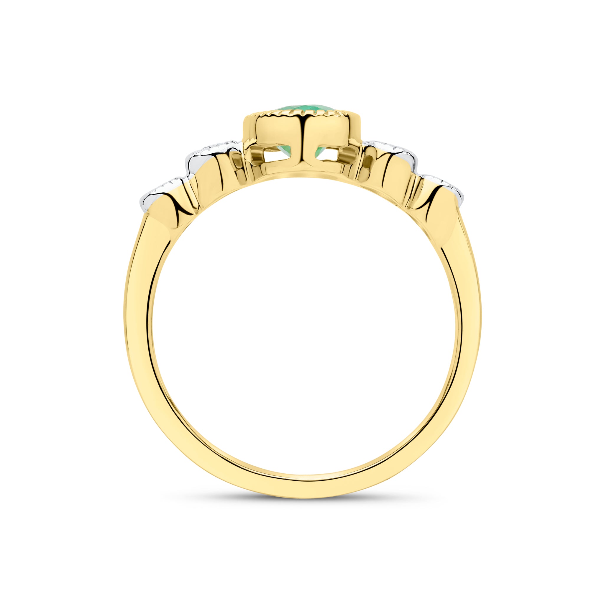 9CT YG 7X5 OVAL EMERALD & DIAMOND 2ST SHOULDERS MILLEGRAIN SET RING. RHODIUM TO DIAMONDS 1