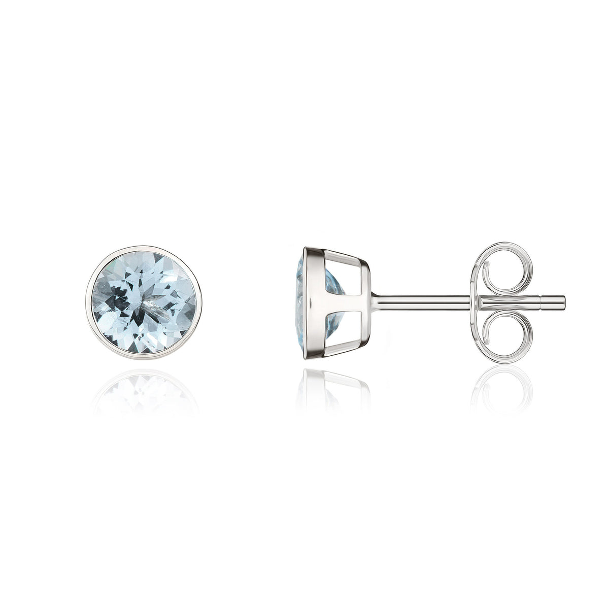 9ct White Gold Round Aquamarine Rubover Stud Earrings