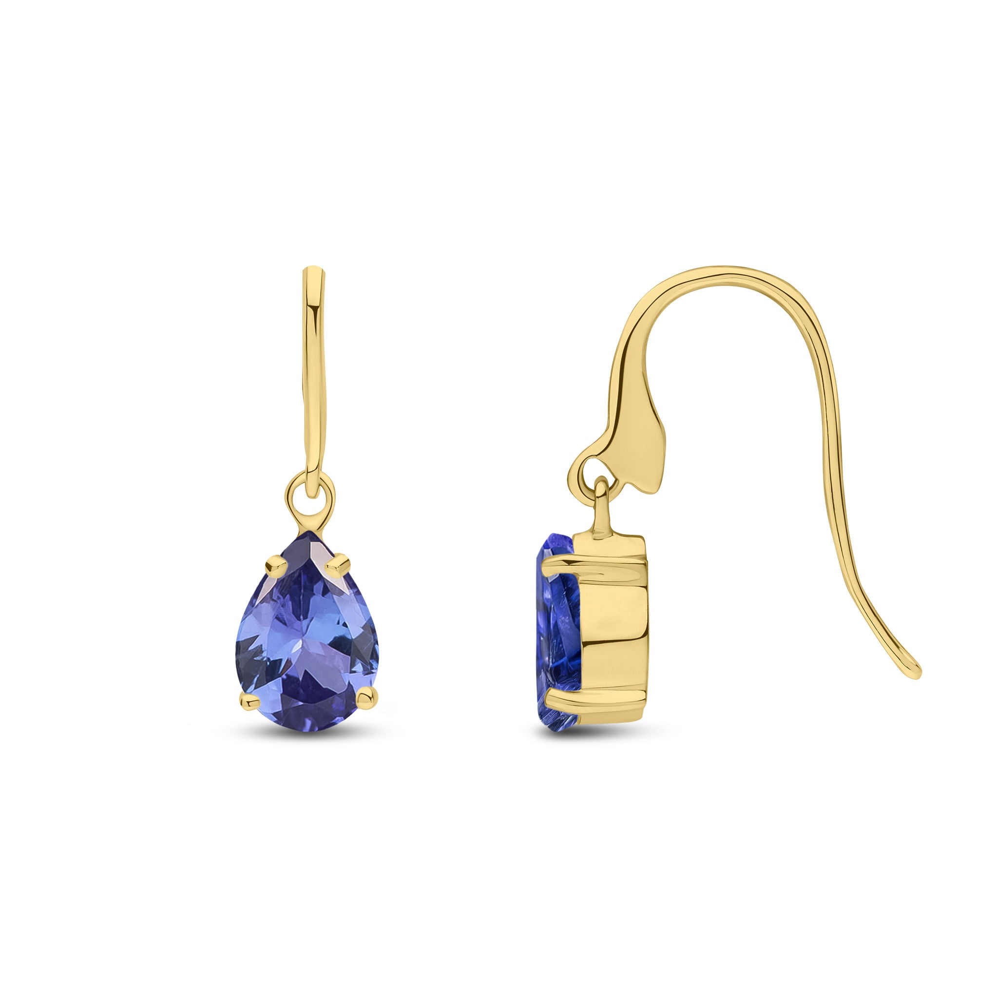 9ct Yellow Gold 7x5mm Pear Shape Tanzanite Claw Set Wire Hook Drop Earrings