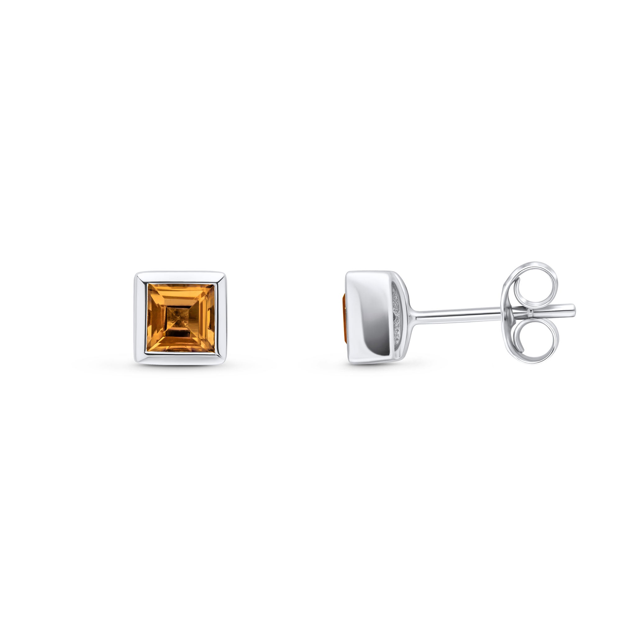9ct White Gold 4mm Square Citrine Rubover Set Earrings