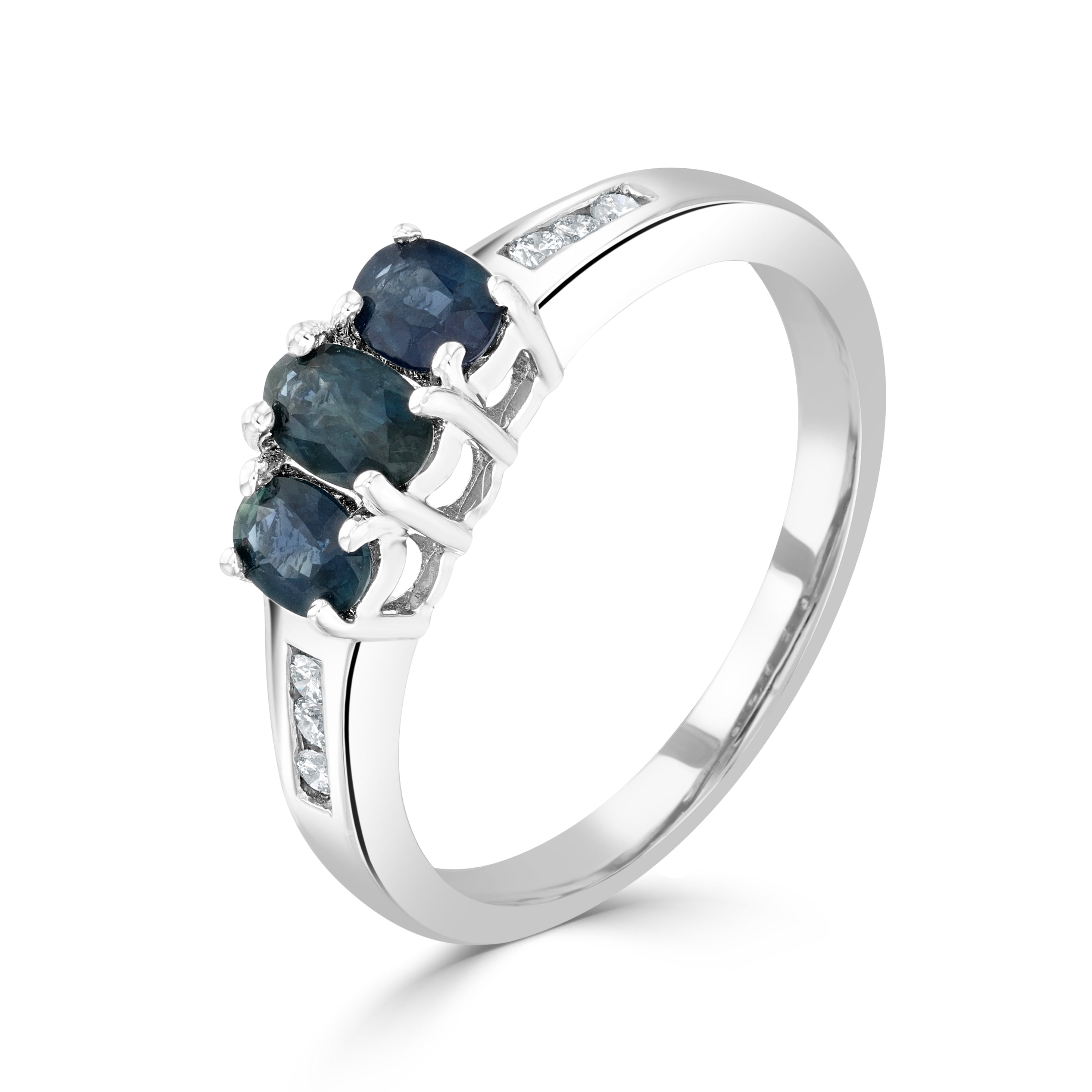 9ct White Gold Claw Set Oval Sapphire 3 Stone Ring with Channel Set Diamond Shoulders