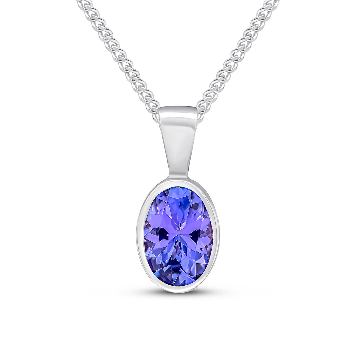 9ct White Gold 7x5 Oval Tanzanite Rubover Pendant