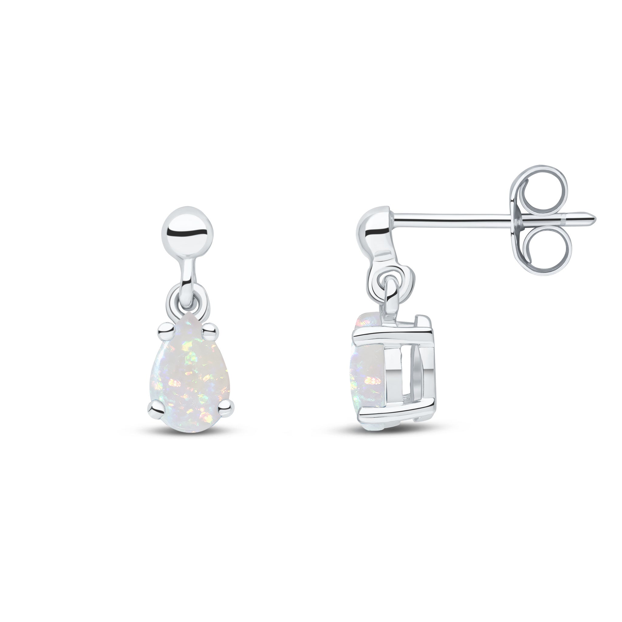 9ct White Gold 6x4 Pear Shape Opal Claw Set Drop Earrings with Bead Top