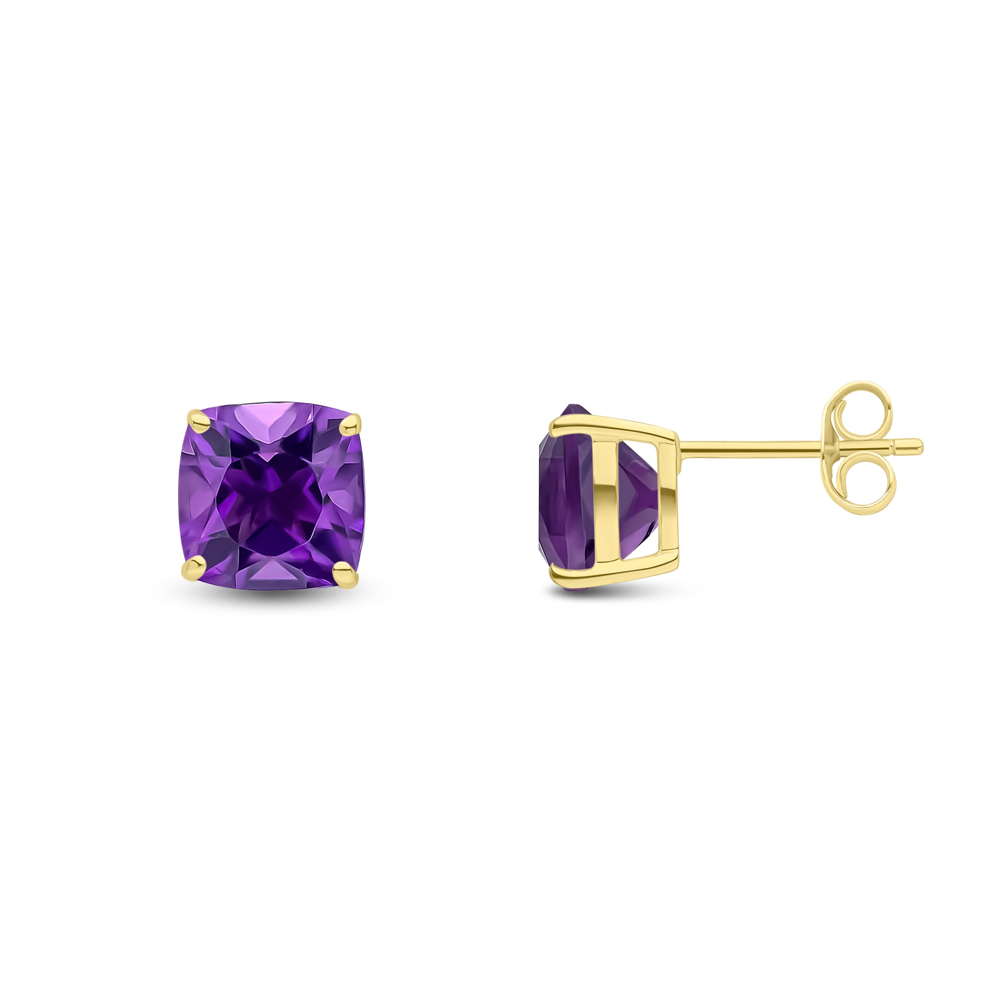 9ct Yellow Gold 8mm Cushion Amethyst Claw Set Earrings