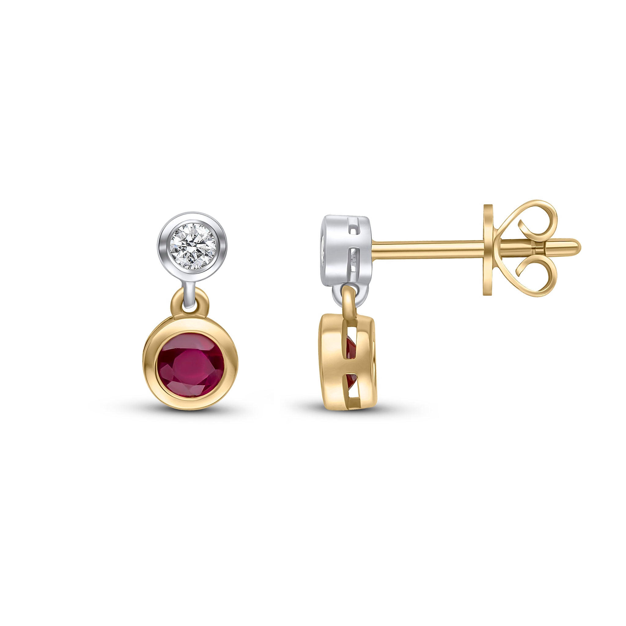 18ct Ywg Round Ruby & Diamond Rubover 2 Stone Earrings